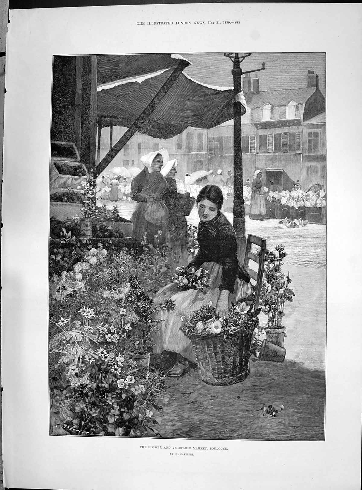Old Antique Print 1890 Flower Vegetable Market Boulogne France Caffieri 19th