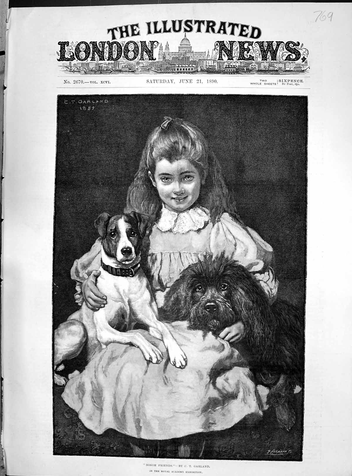 Old 1890 Bosom Friends Young Girl Pet Dogs Garland Royal Academy Art Victorian