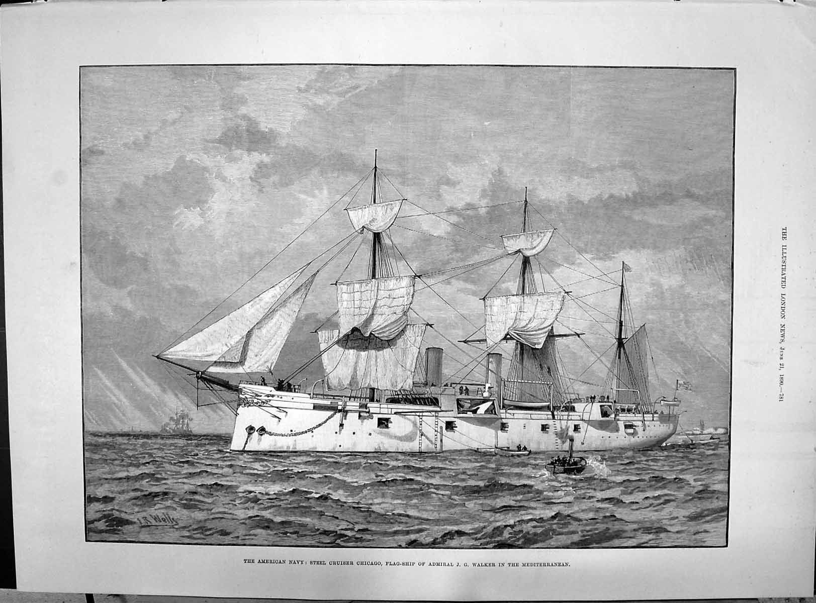 Antique Print 1890 American Navy Steel Cruiser Chicago Ship Admiral Walker 19th