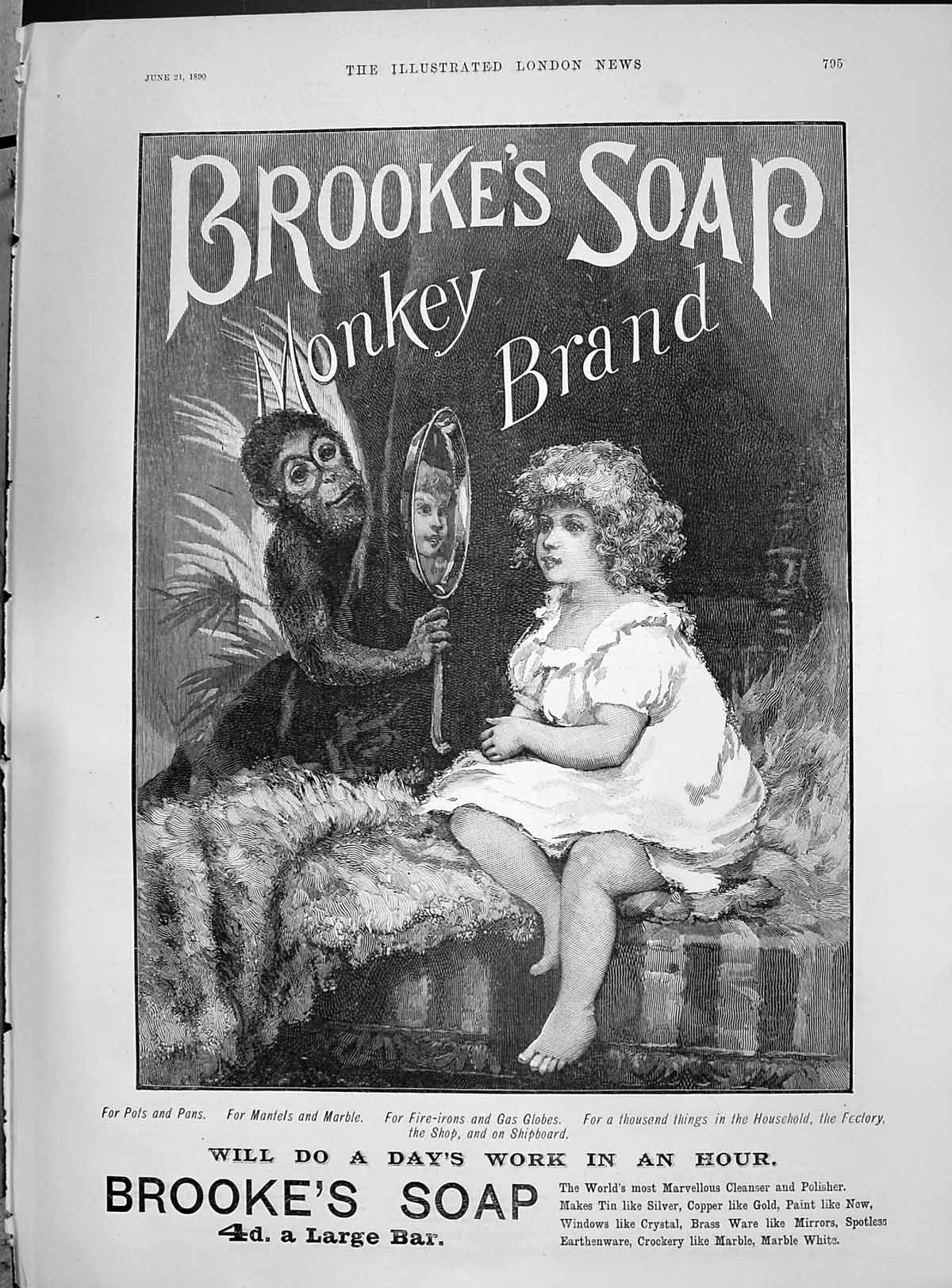 Old Print 1890 Advertisement Booke'S Monkey Brand Soap Little Girl Mirror 19th