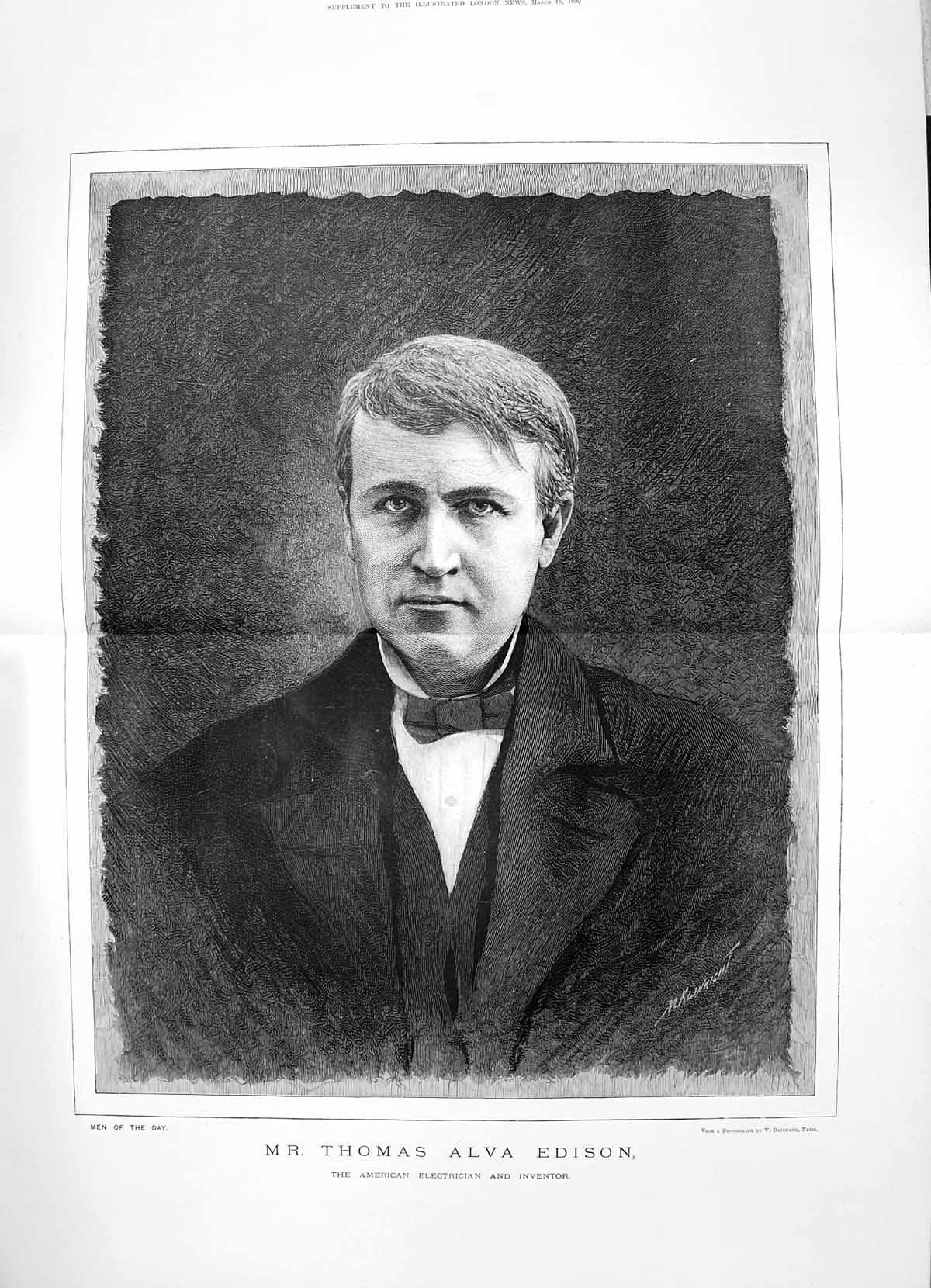 Antique Old Print 1890 Mr Thomas Alva Edison American Electrician Inventor