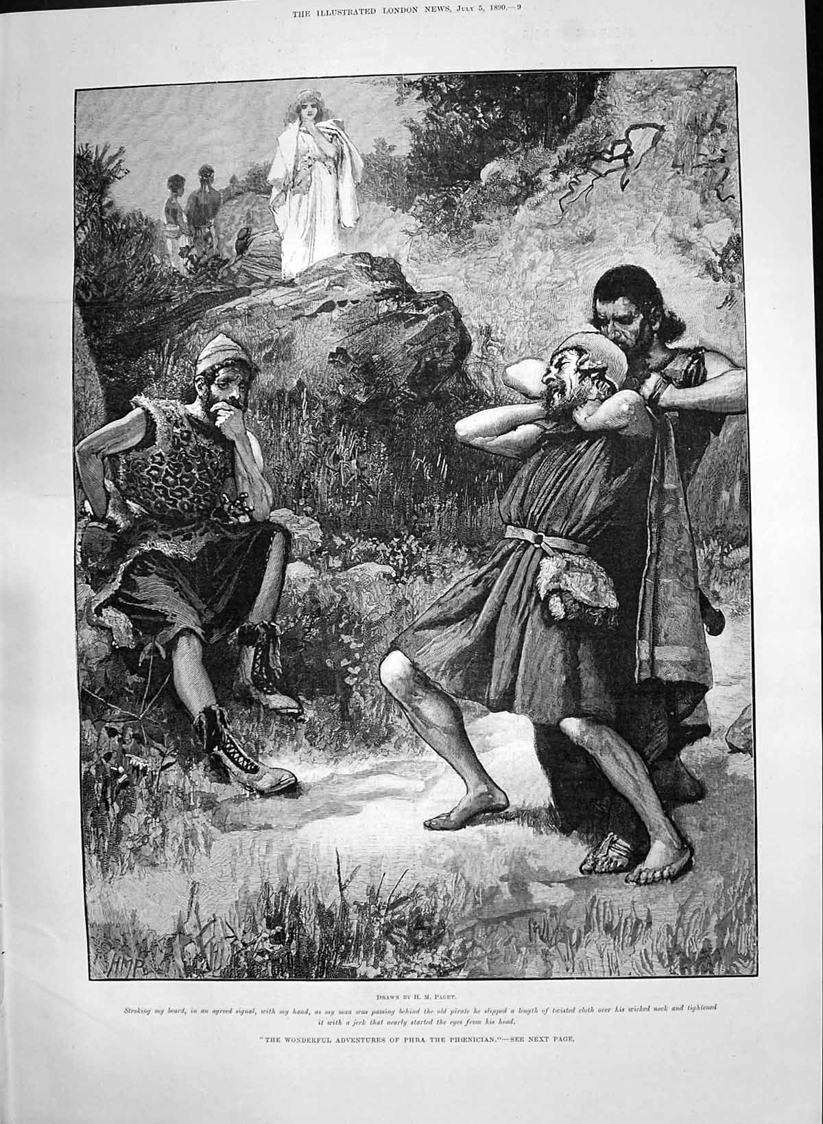 Antique Old Print 1890 Adventures Phra Phoenician Men Fighting Pirate Paget
