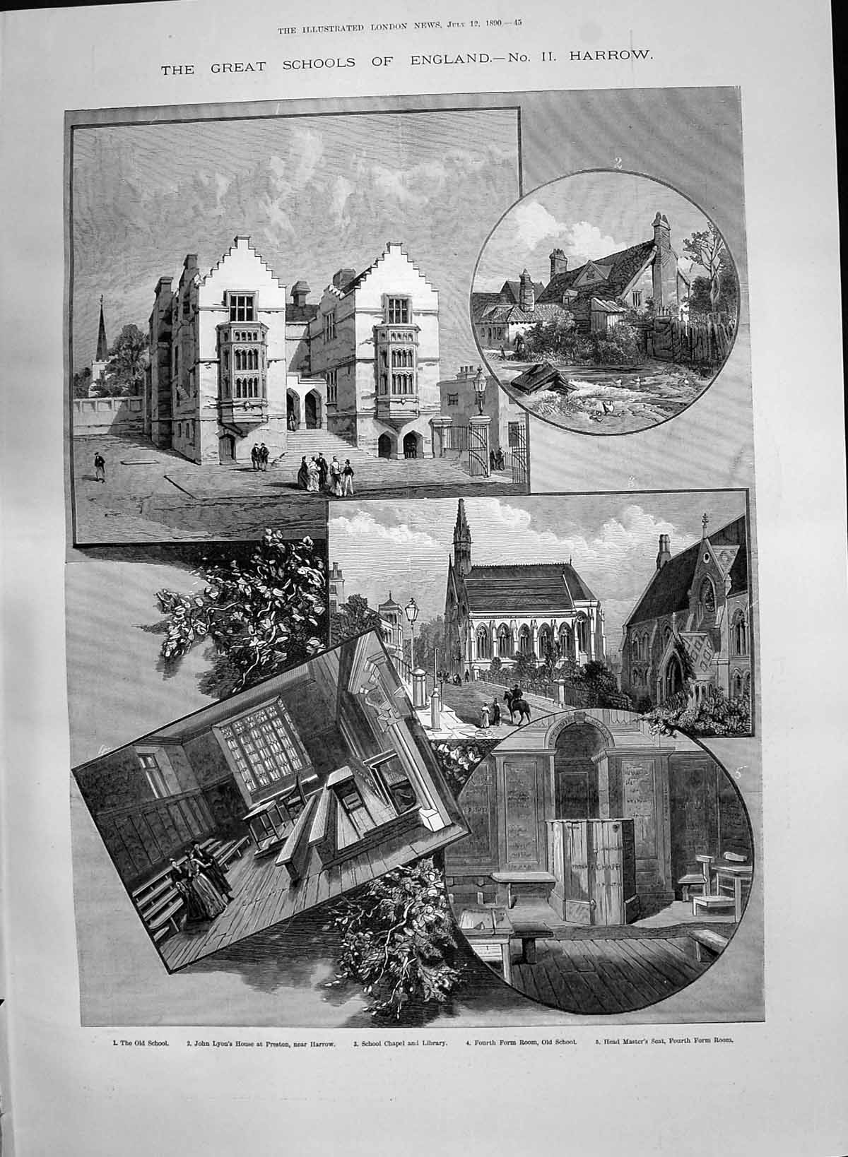 Antique Old Print 1890 Harrow School England John Lyon Preston Chapel Library