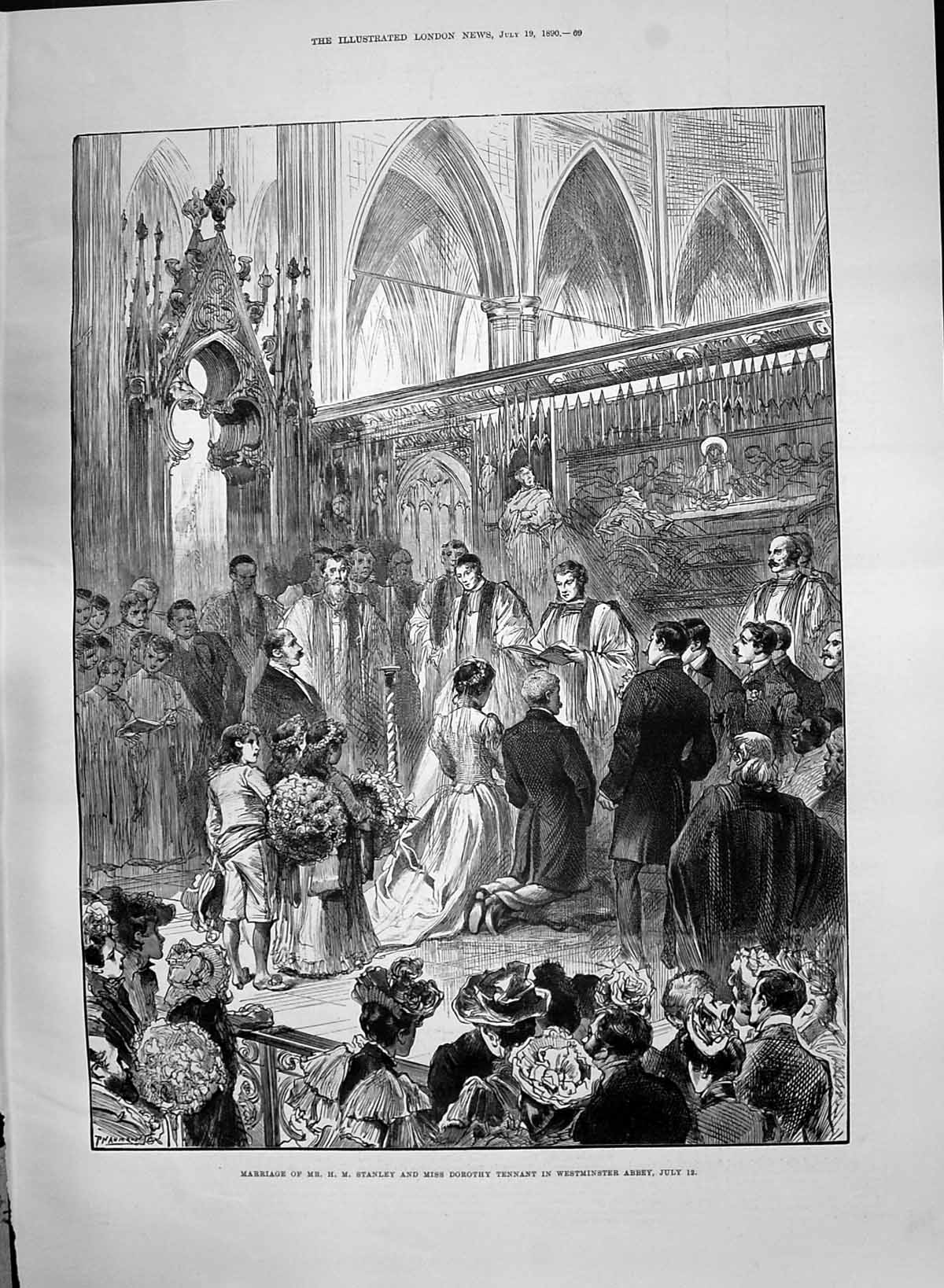 Old Print 1890 Marriage Stanley Dorothy Tennant Westminster Abbey London 19th