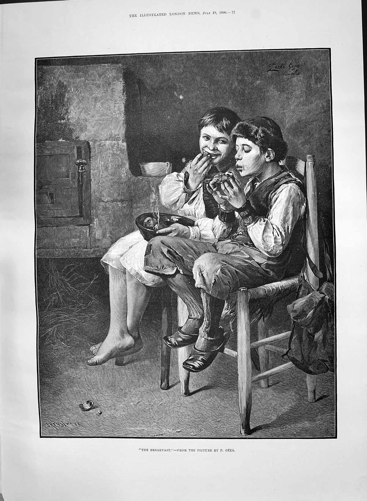 Original Old Antique Print 1890 Breakfast Children Family Home Geza Victorian