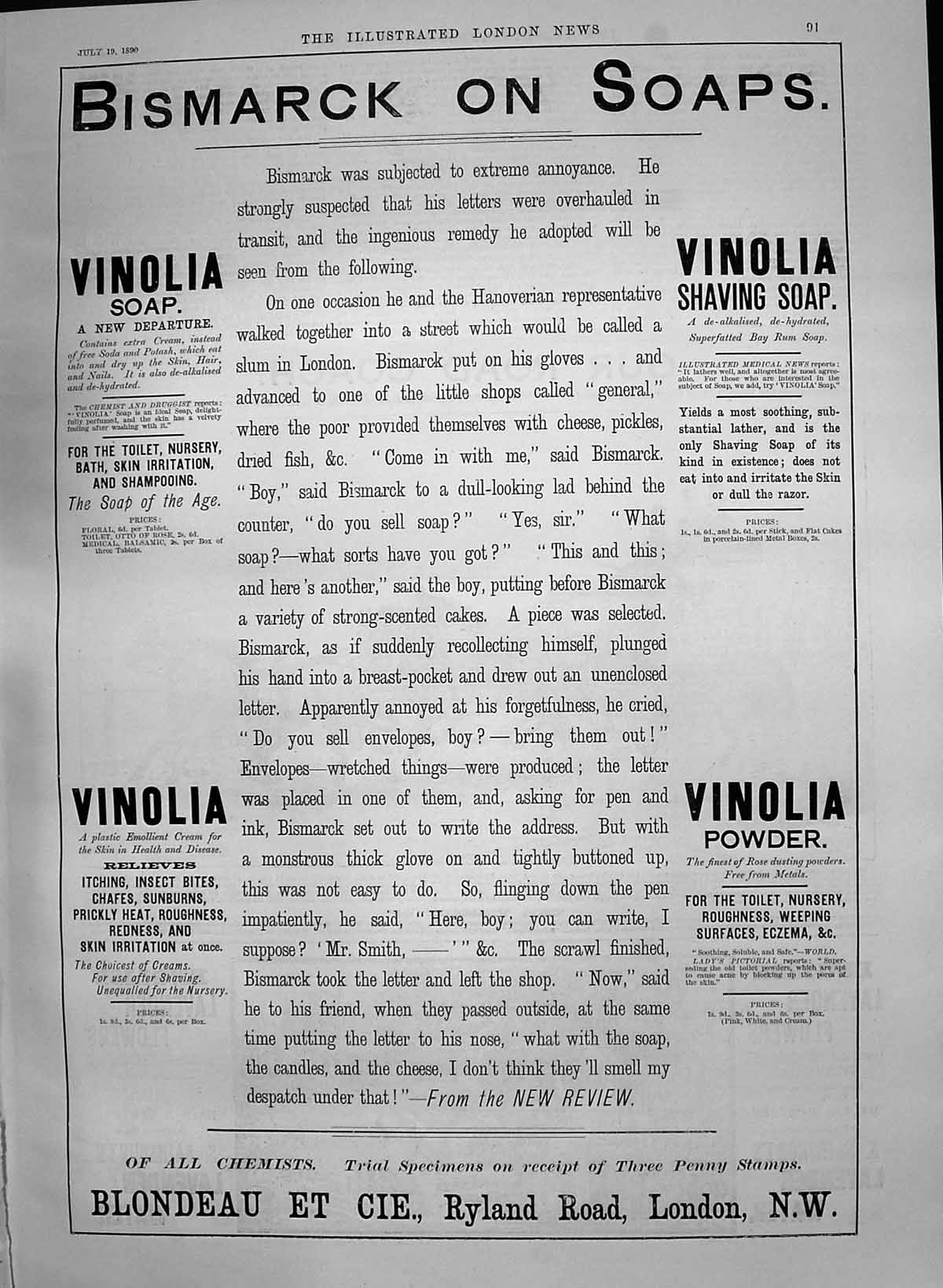 Old Antique Print 1890 Advertisement Vinolia Shaving Soap Blondeau London 19th