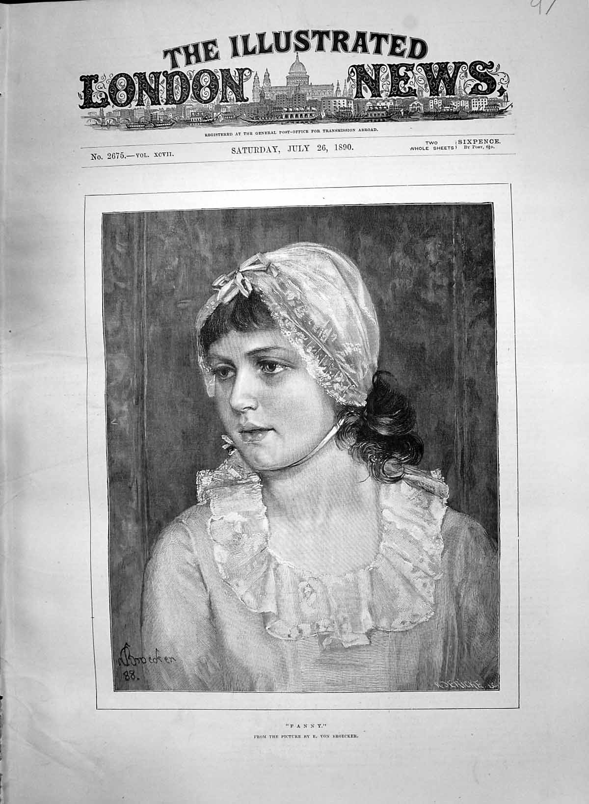 Original Old Antique Print 1890 Portrait Beautiful Girl Fanny Von Broecker 19th
