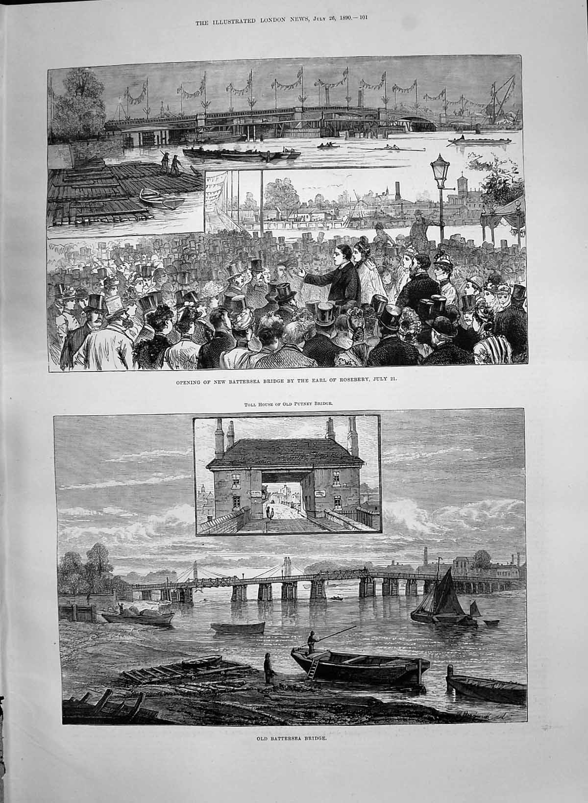 Old Print 1890 Opening Battersea Bridge Earl Roseberry Toll House London 19th
