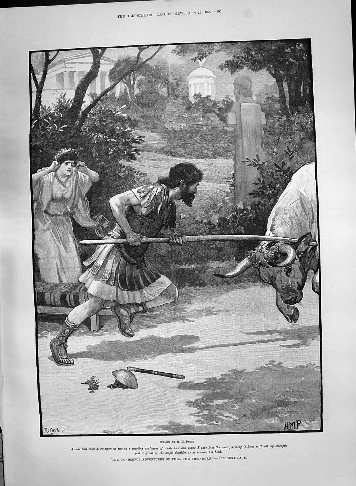 Antique Old Print 1890 Adventures Phra Phoenician Speared Bull Attack Paget