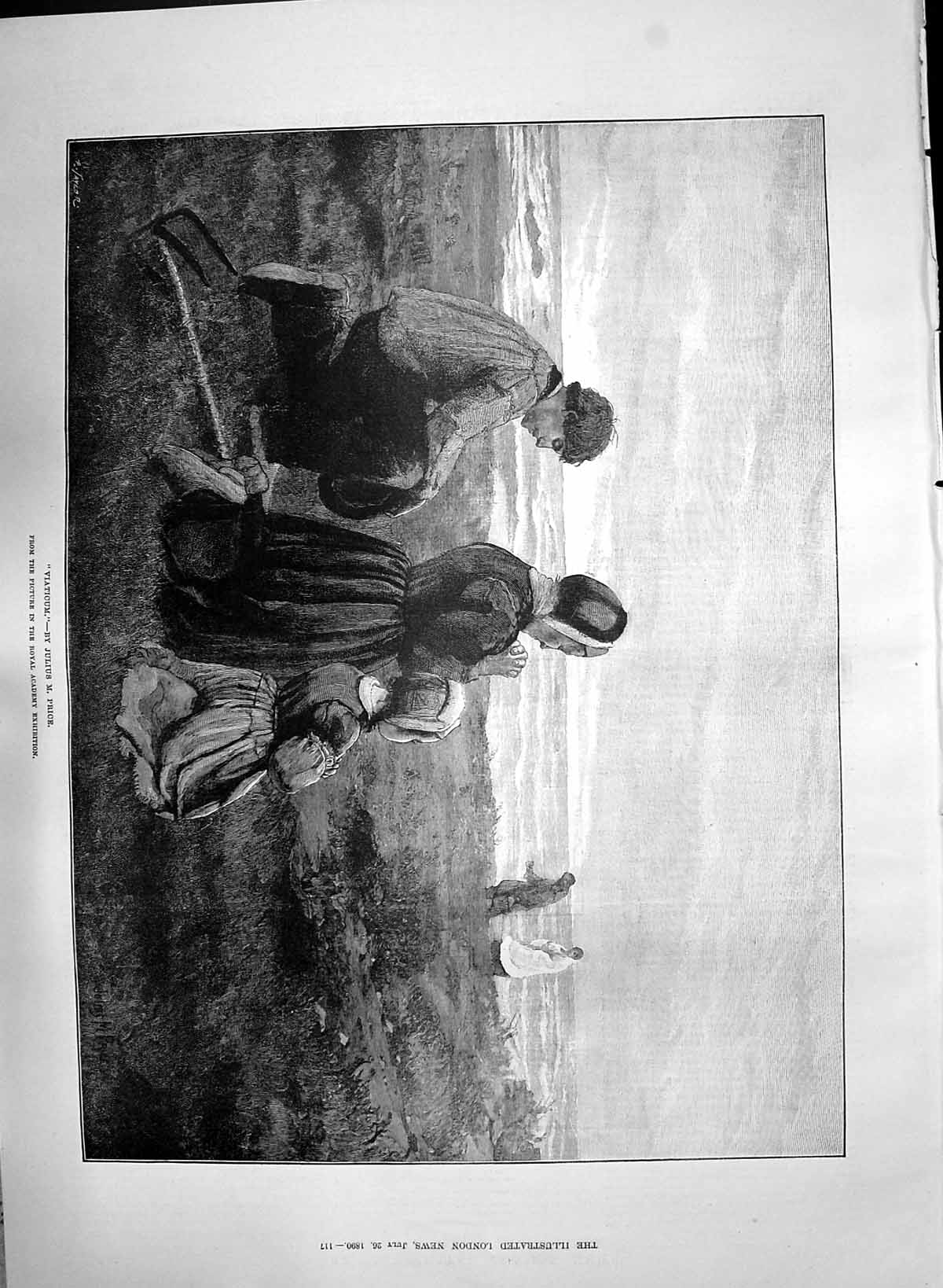 Original Old Antique Print 1890 Viaticum Family Praying Sea Scene Julius Price
