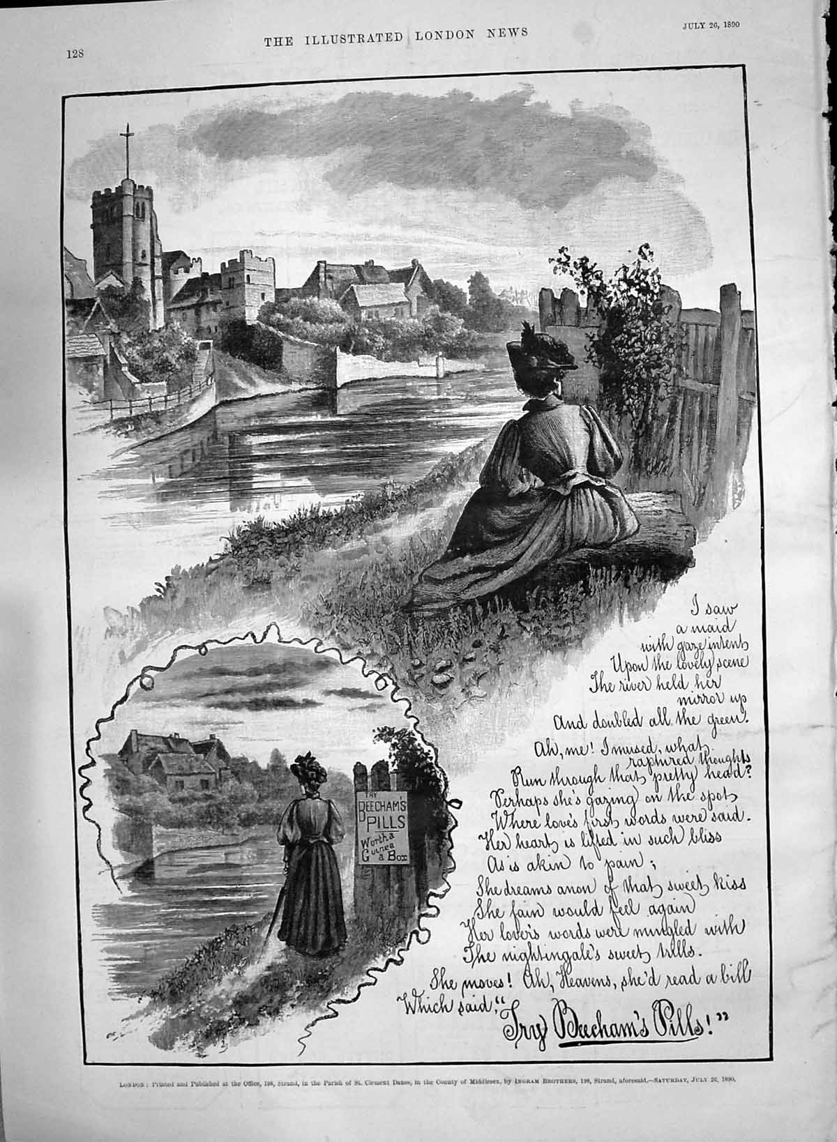 Antique Print 1890 Advertisement Beechams Pills Medicine Church River View 19th