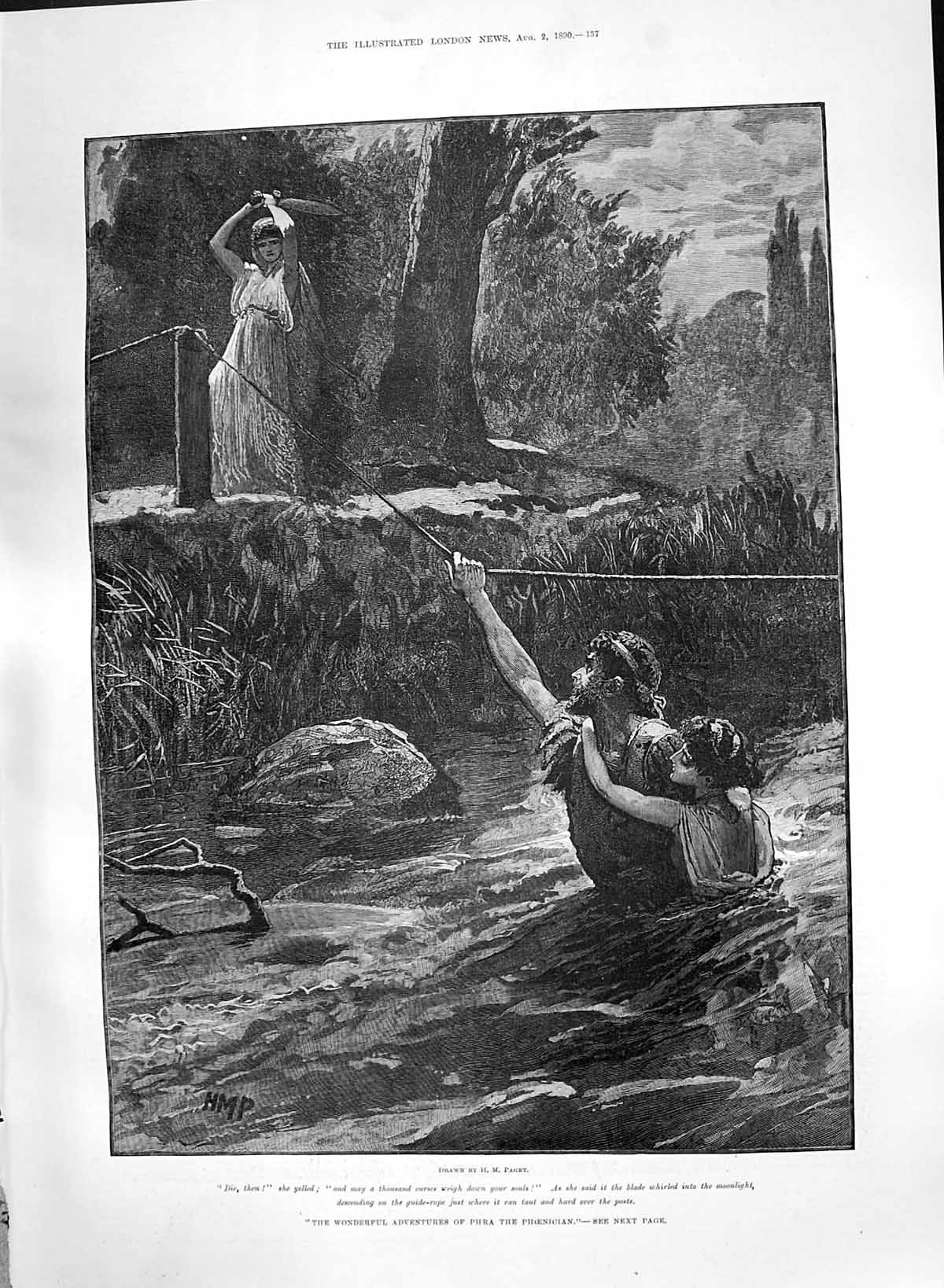 Antique Print 1890 Adventures Phra Phoenician Rope Across River Rescue Lady