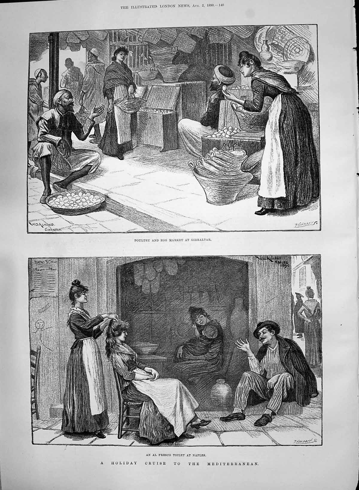 Old Print 1890 Holiday Cruise Mediterranean Poultry Egg Market Gibraltar 19th