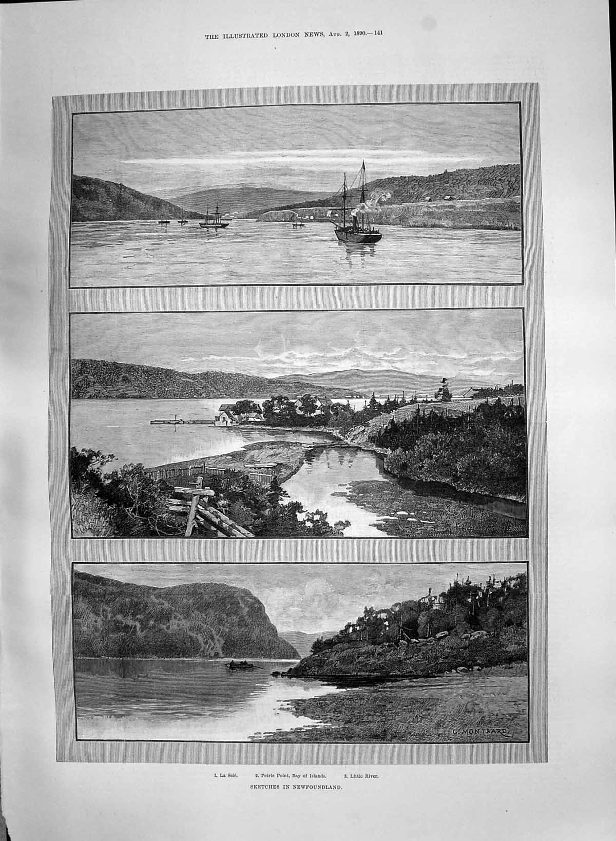 Old Print 1890 Newfoundland La Scie Petrie Point Bay Islands Little River 19th
