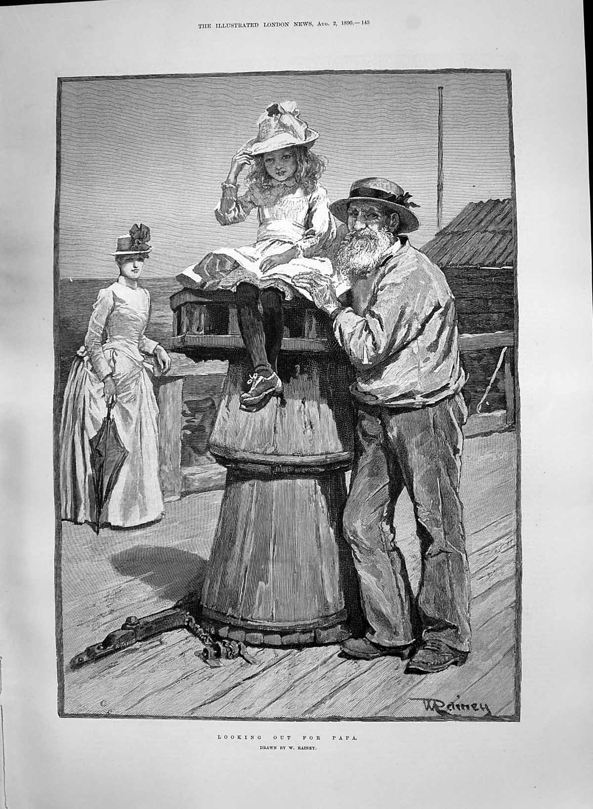 Antique Old Print 1890 Looking Out For Papa Little Girl Seaside Pier Rainey