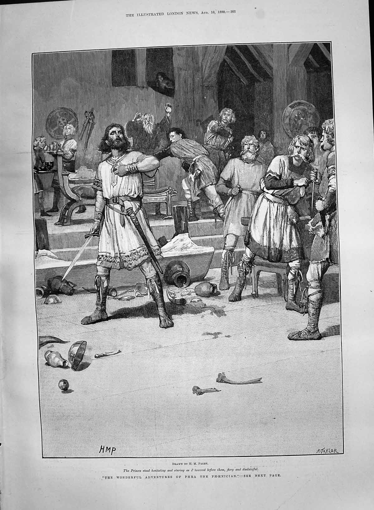 Antique Old Print 1890 Adventures Phra Phoenician Men Princes Fighting Swords