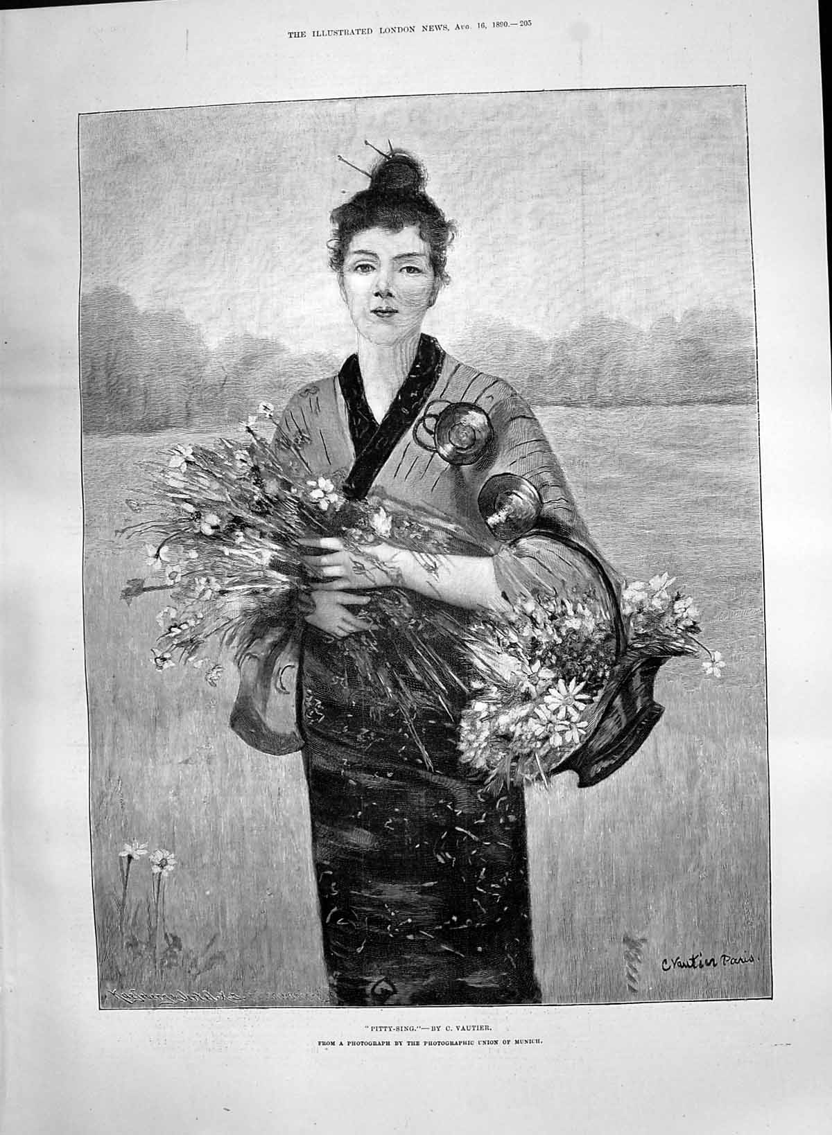 Old 1890 Pitty-Sing Beautiful Girl Chinese Dress Basket Flowers Paris Victorian