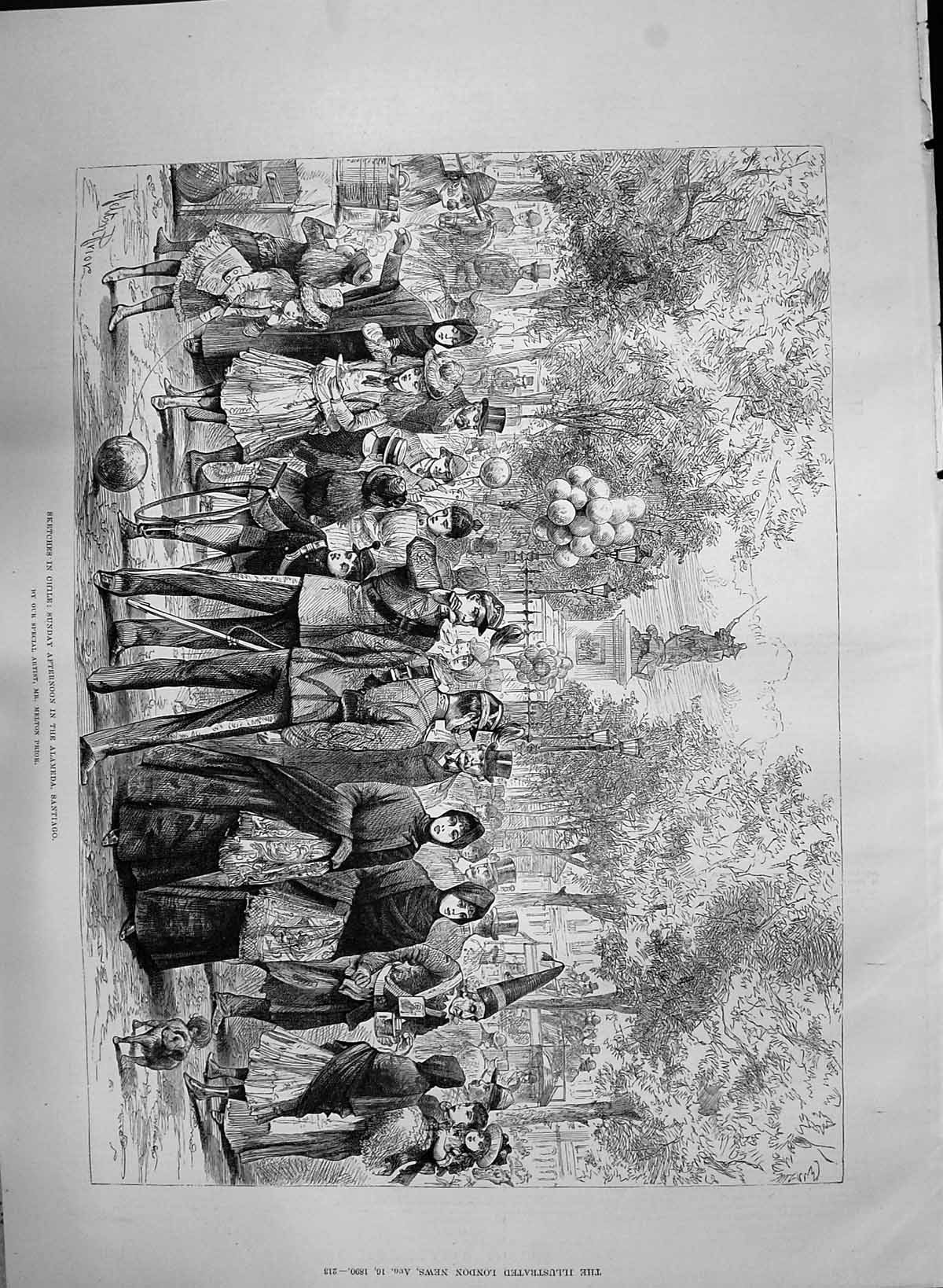 Antique Old Print 1890 Chile Sunday Afternoon Alameda Santiago South America