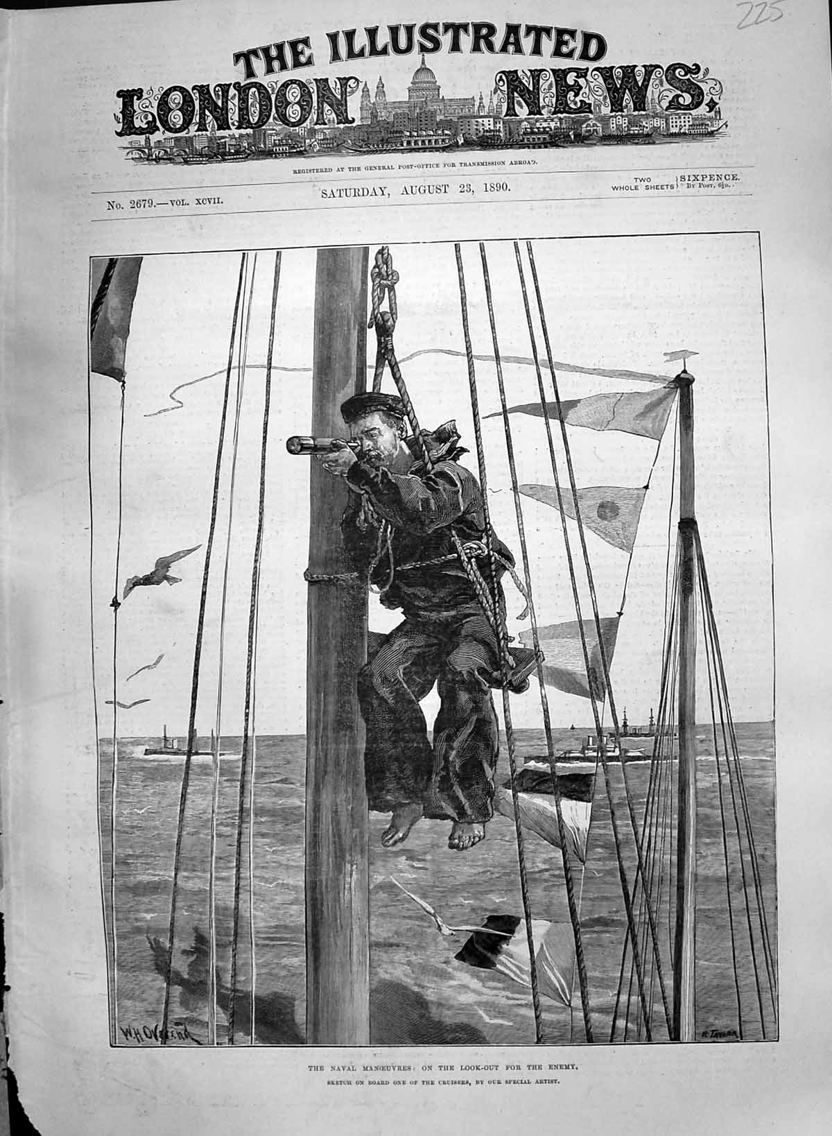 Antique Print 1890 Navy Manoeuvres Sailor Look-Out Enemy Ships War Overend 19th