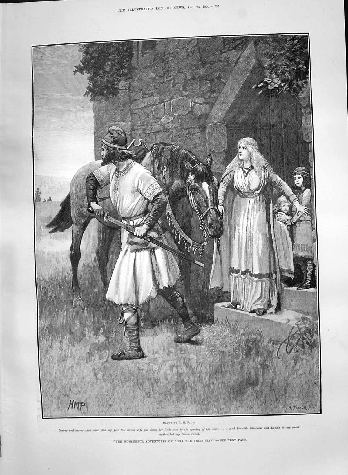 Antique Print 1890 Adventures Phra Phoenician Man Sword Horse Family House 19th