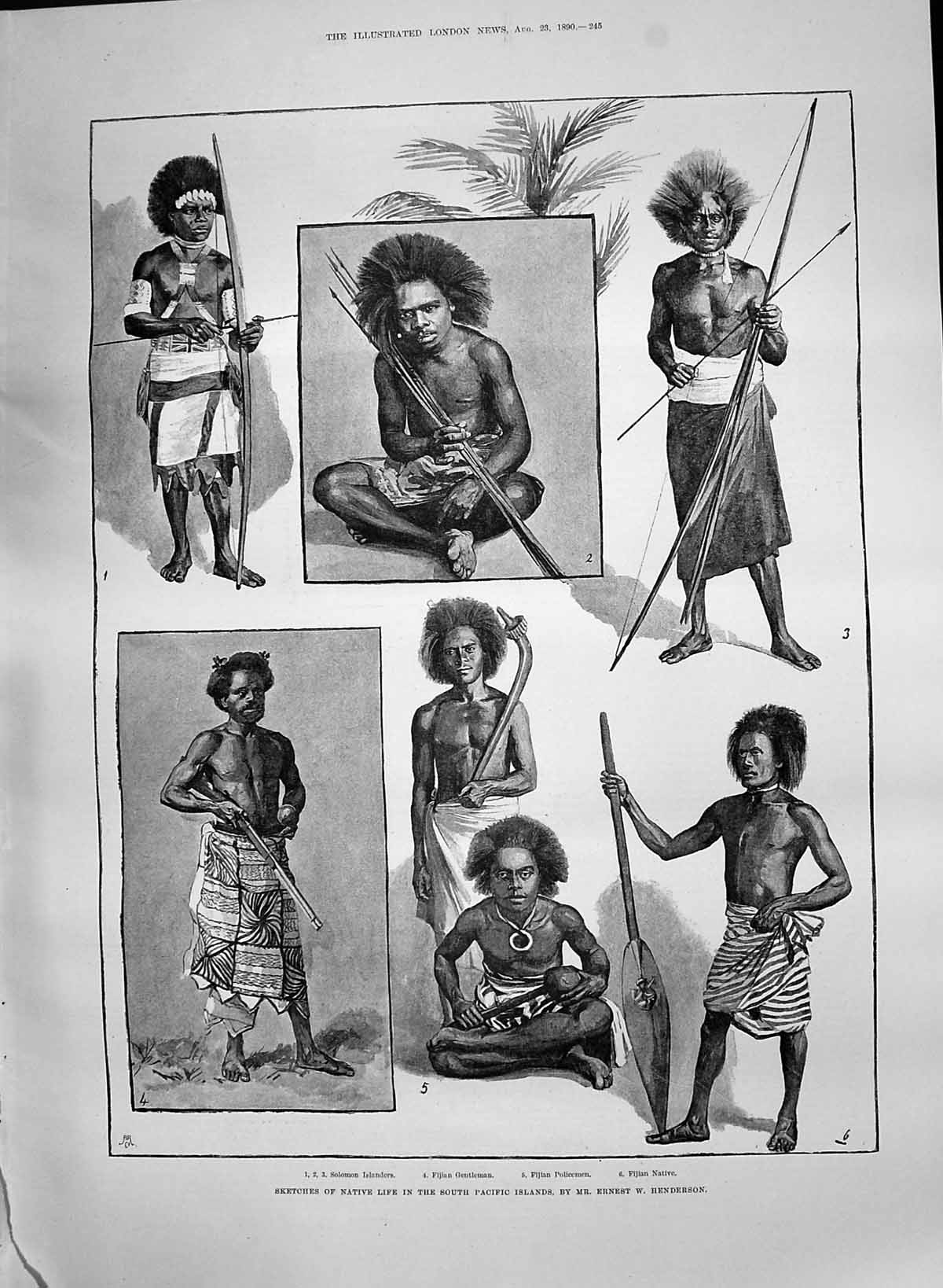Old Print 1890 Native Life South Pacific Islands Solomon Fijian Islanders 19th