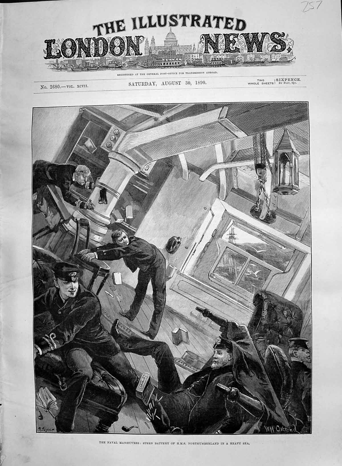Antique Print 1890 Navy Manoeuvres Stern Battery H.M.S. Northumberland Ship