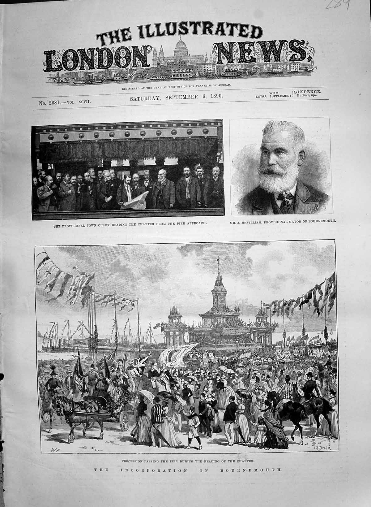 Old Print 1890 Incorporation Bournemouth Mcwilliam Mayor Town Clerk Pier 19th