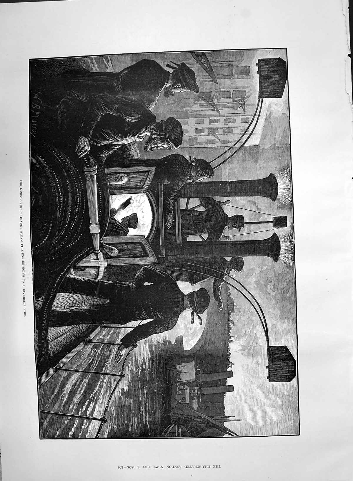 Antique Print 1890 London Fire Brigade Steam Fire-Engine Riverside Firemen 19th