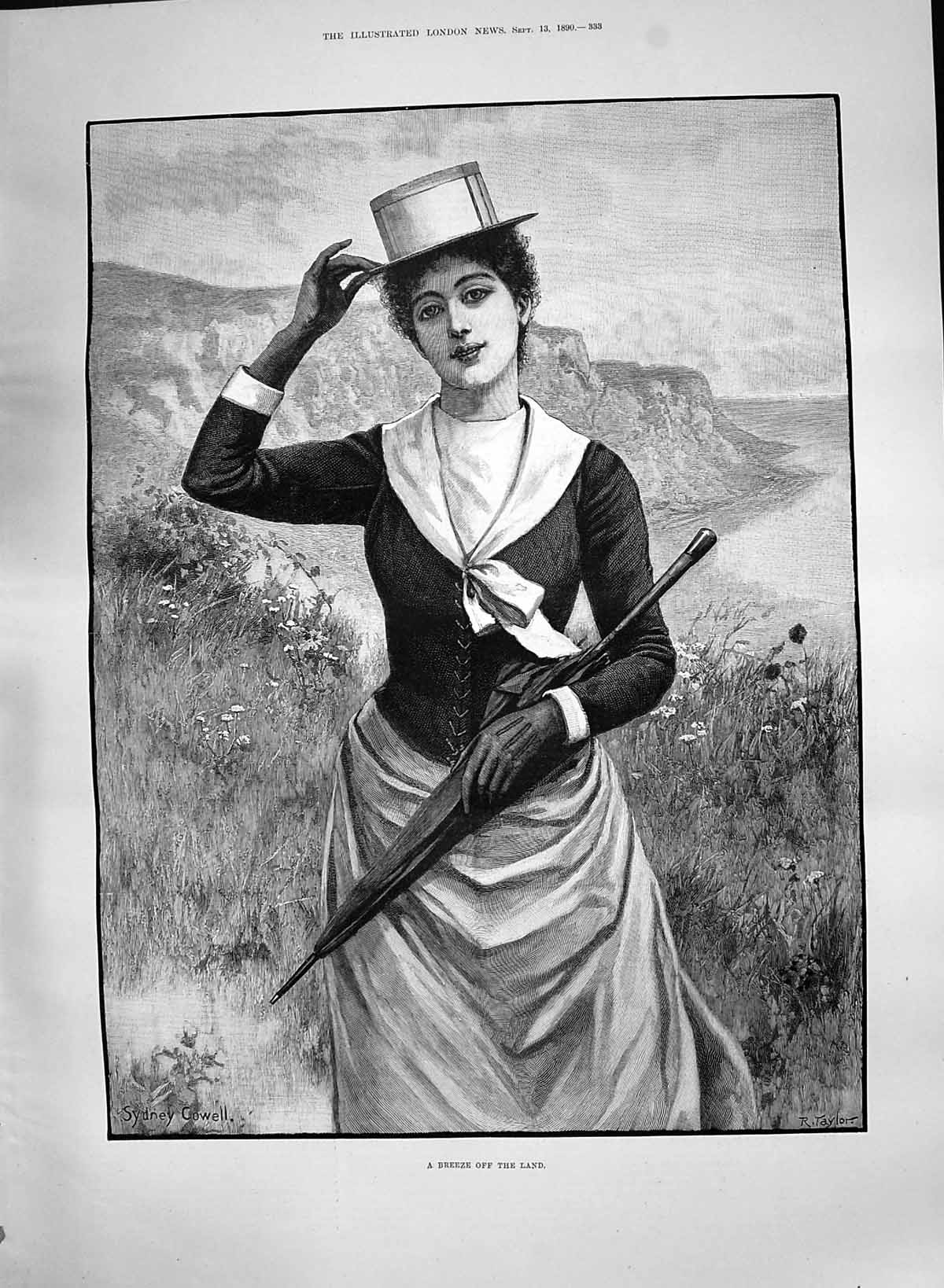 Antique Old Print 1890 Breeze Land Beautiful Lady Cliff Walk Umbrella Taylor