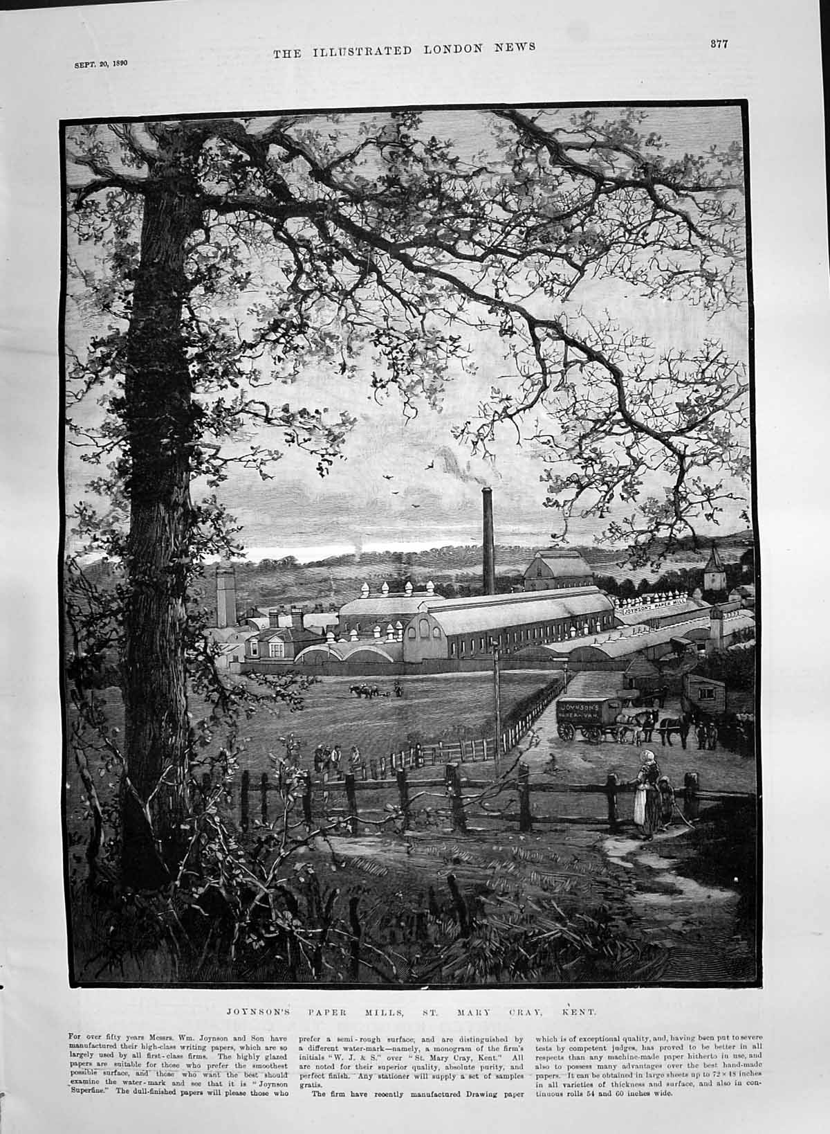 Antique Old Print 1890 Joyson Paper Mills St. Mary Cray Kent England Industry