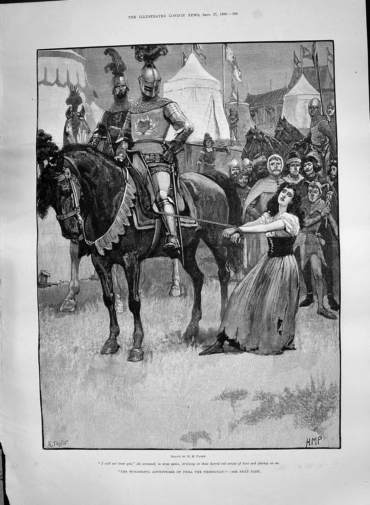 Antique Old Print 1890 Adventures Phra Phoenician Knight Armour Dragging Lady