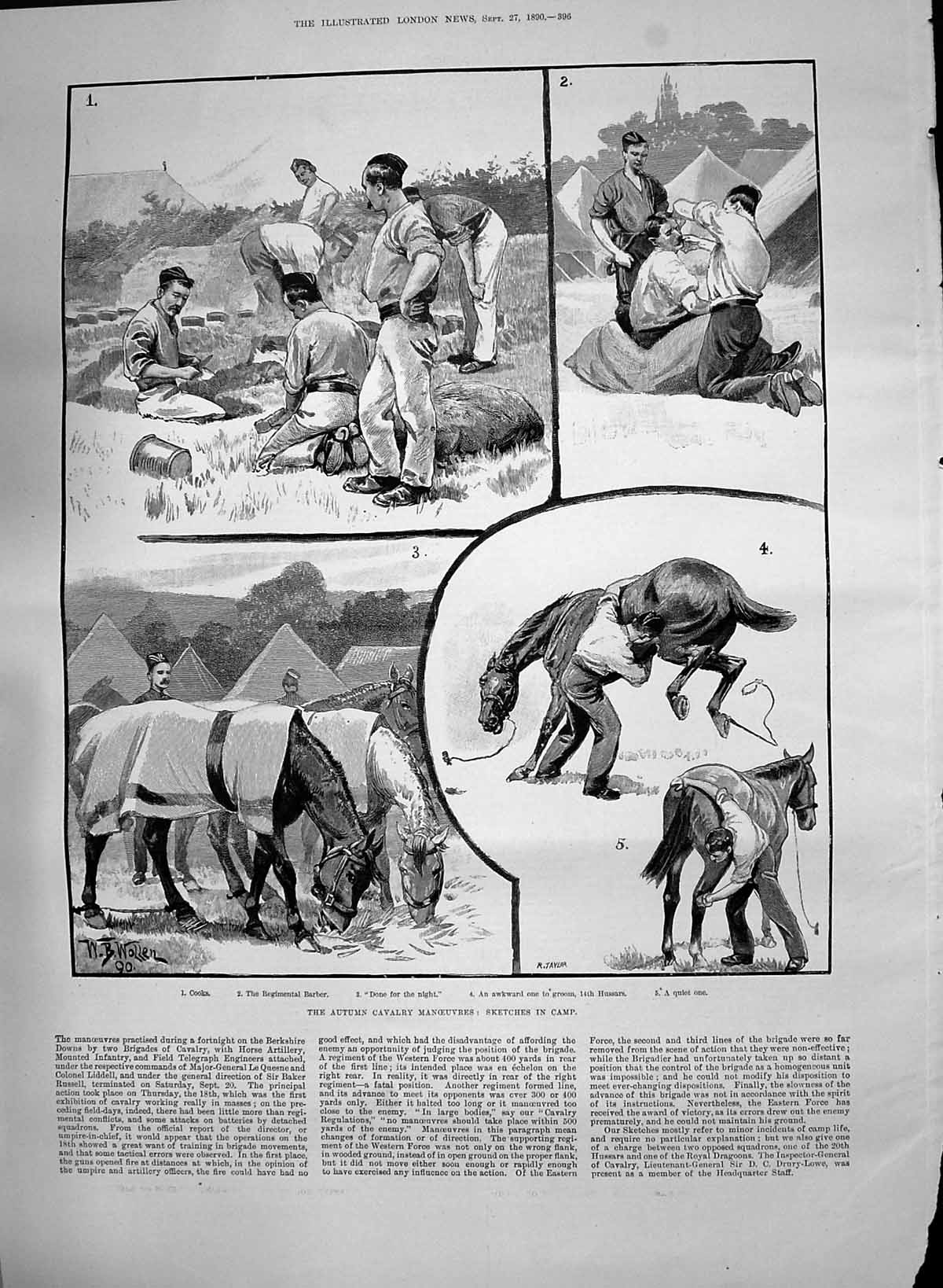 Antique Old Print 1890 Autumn Cavalry Manoeuvres Camp Cooks Regimental Barber