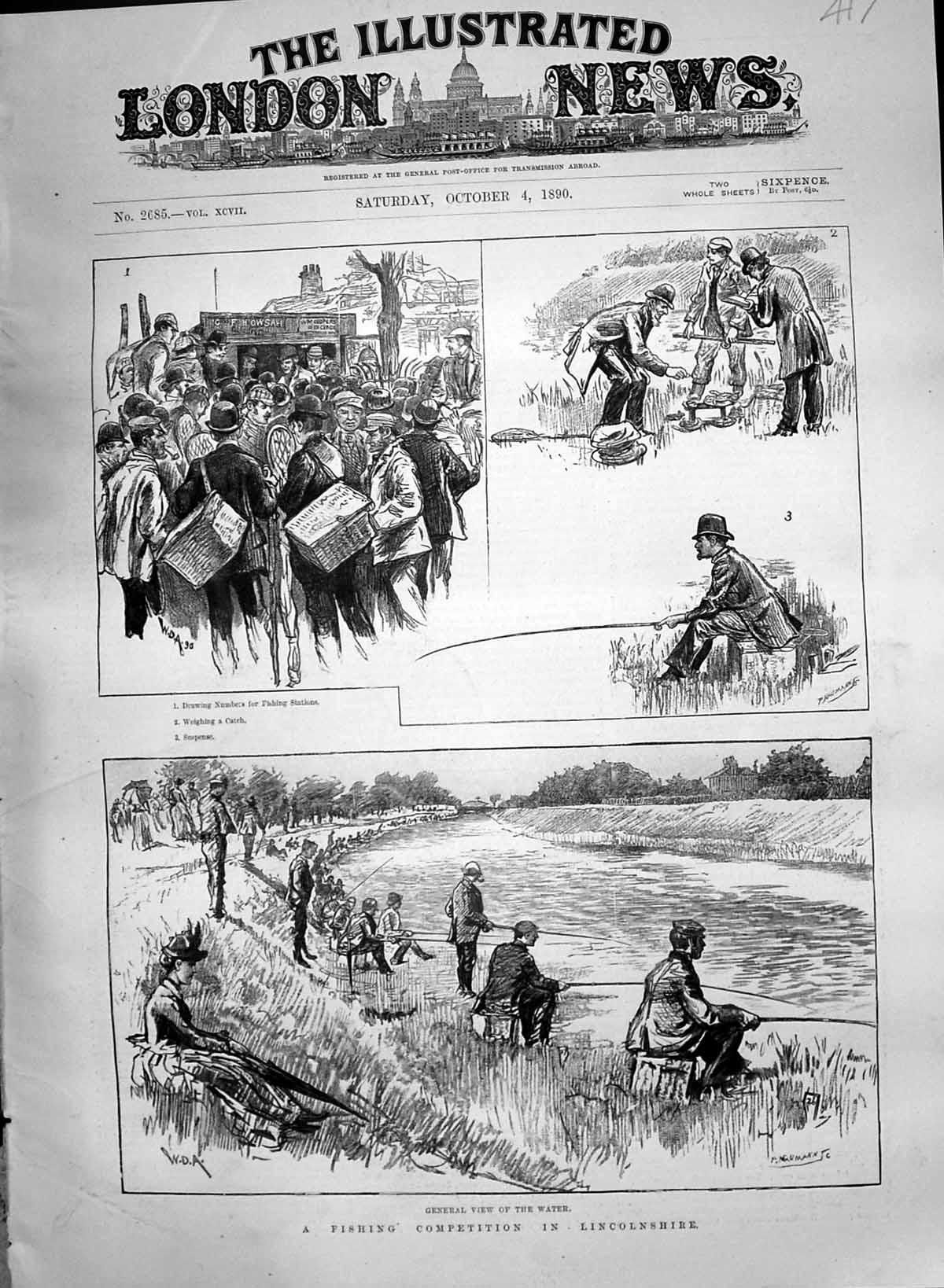 Old Print 1890 Fishing Competition Lincolnshire River Scene Anglers Sport 19th