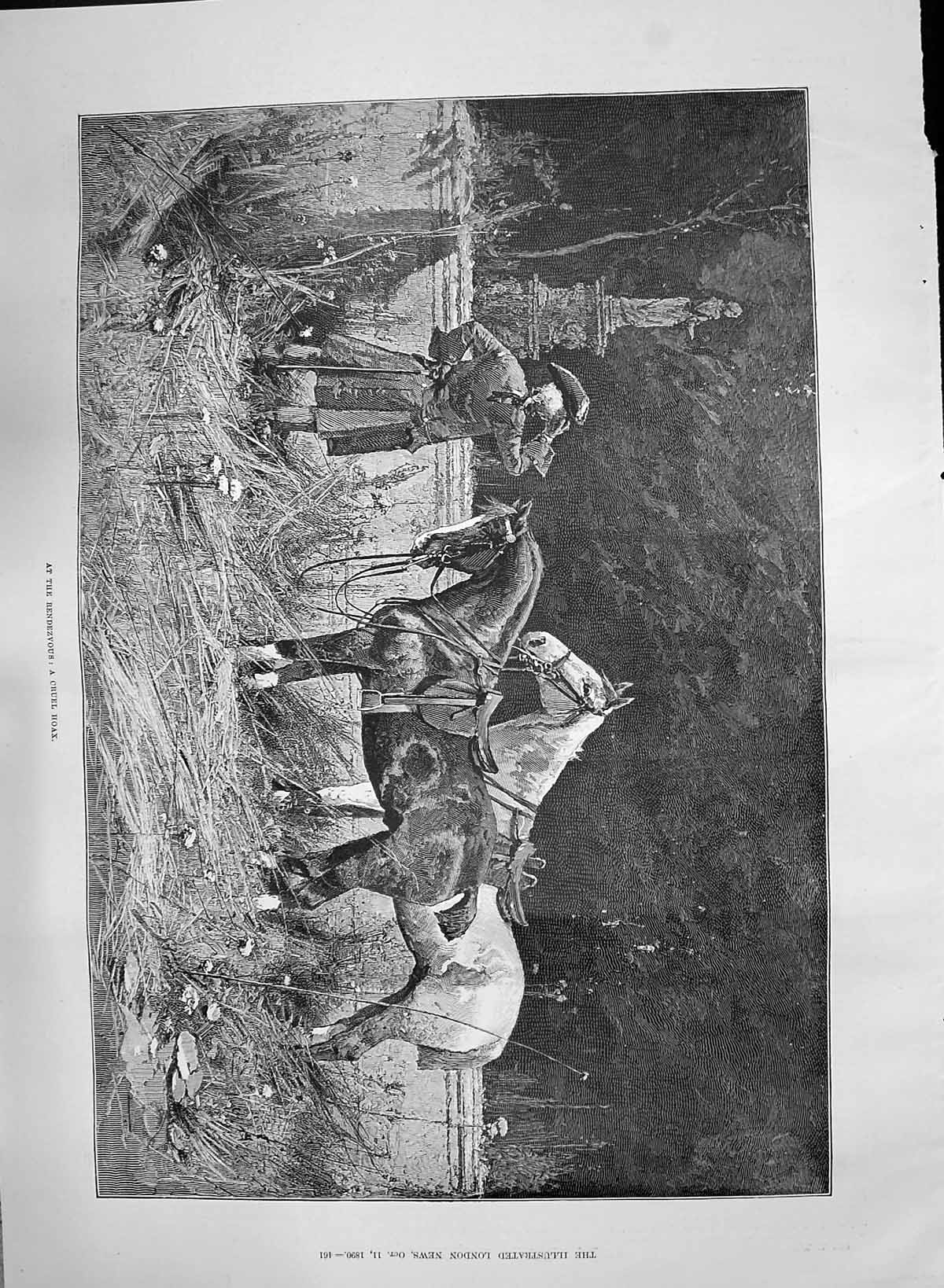 Original Old Antique Print 1890 Rendezvous Cruel Hoax Man Horses Statue Romance