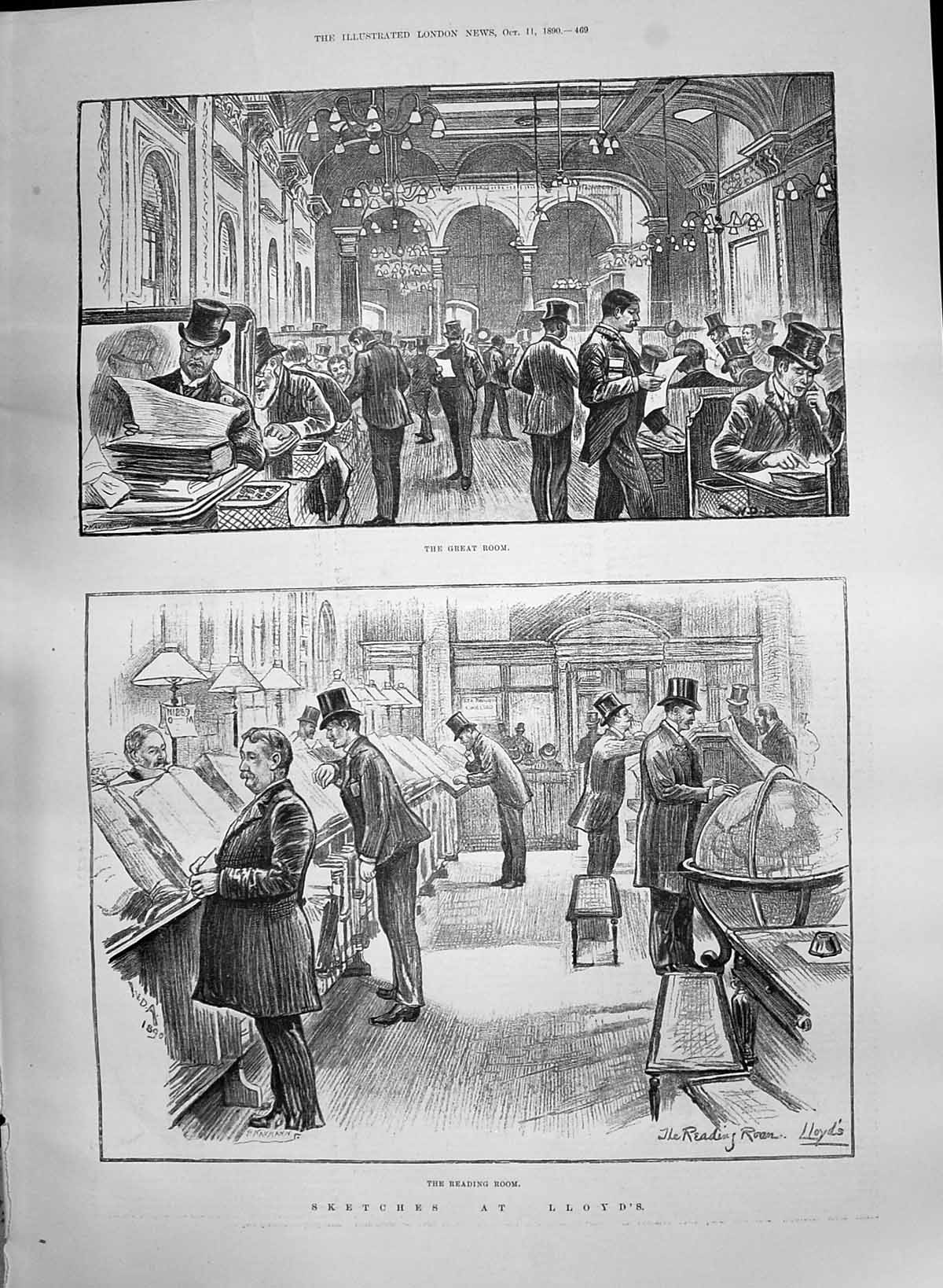 Original Old Antique Print 1890 Lloyd'S Bank Great Reading Room England 19th