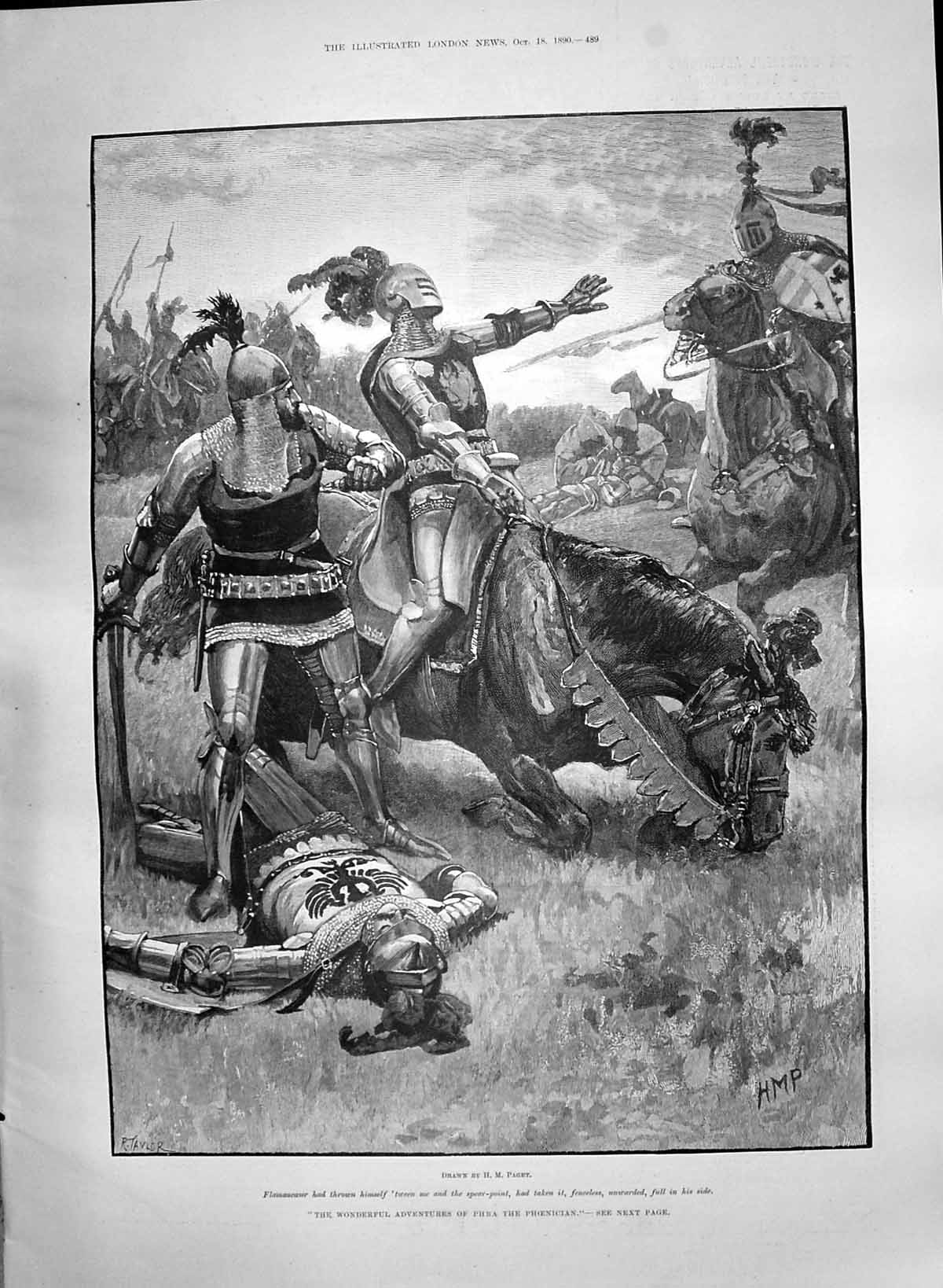 Antique Old Print 1890 Adventures Phra Phoenician Battle Flamaueoeur Knights