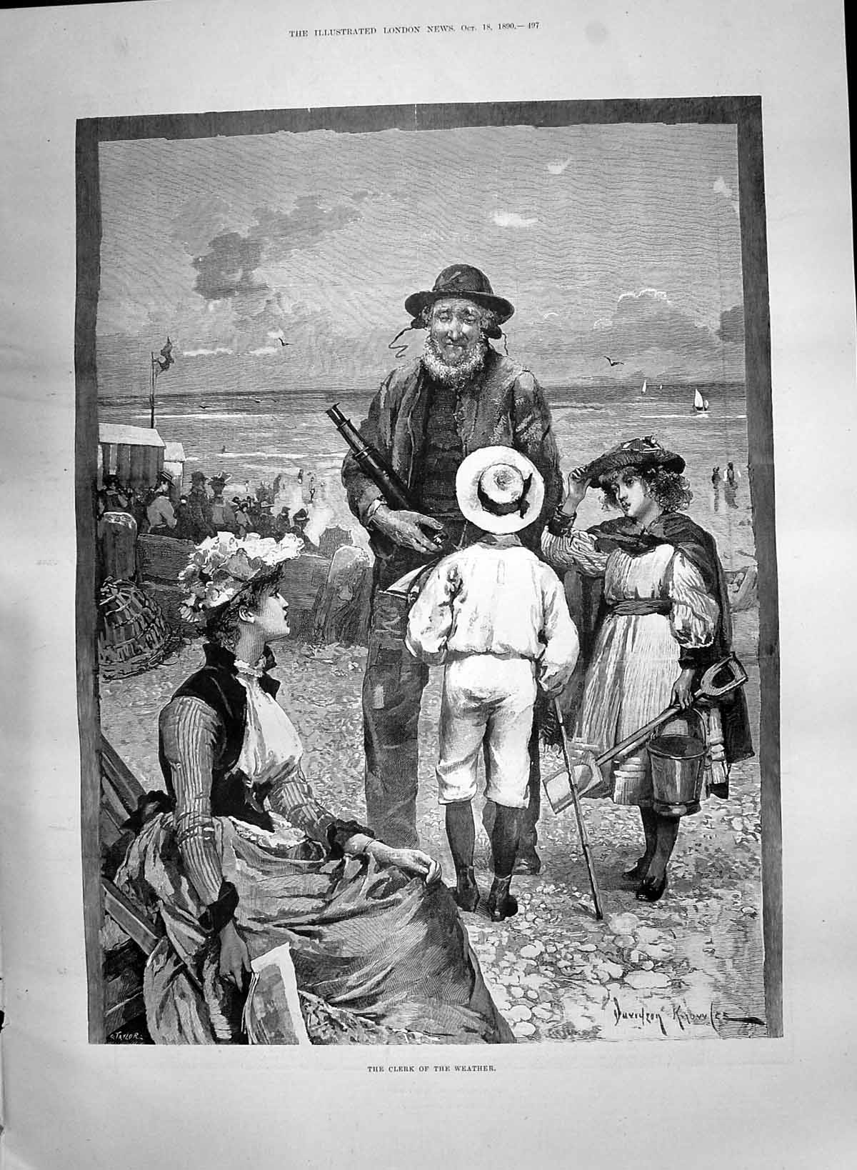Old Print 1890 Clerk Weather Man Telescope Children Beach Seaside Knowles 19th