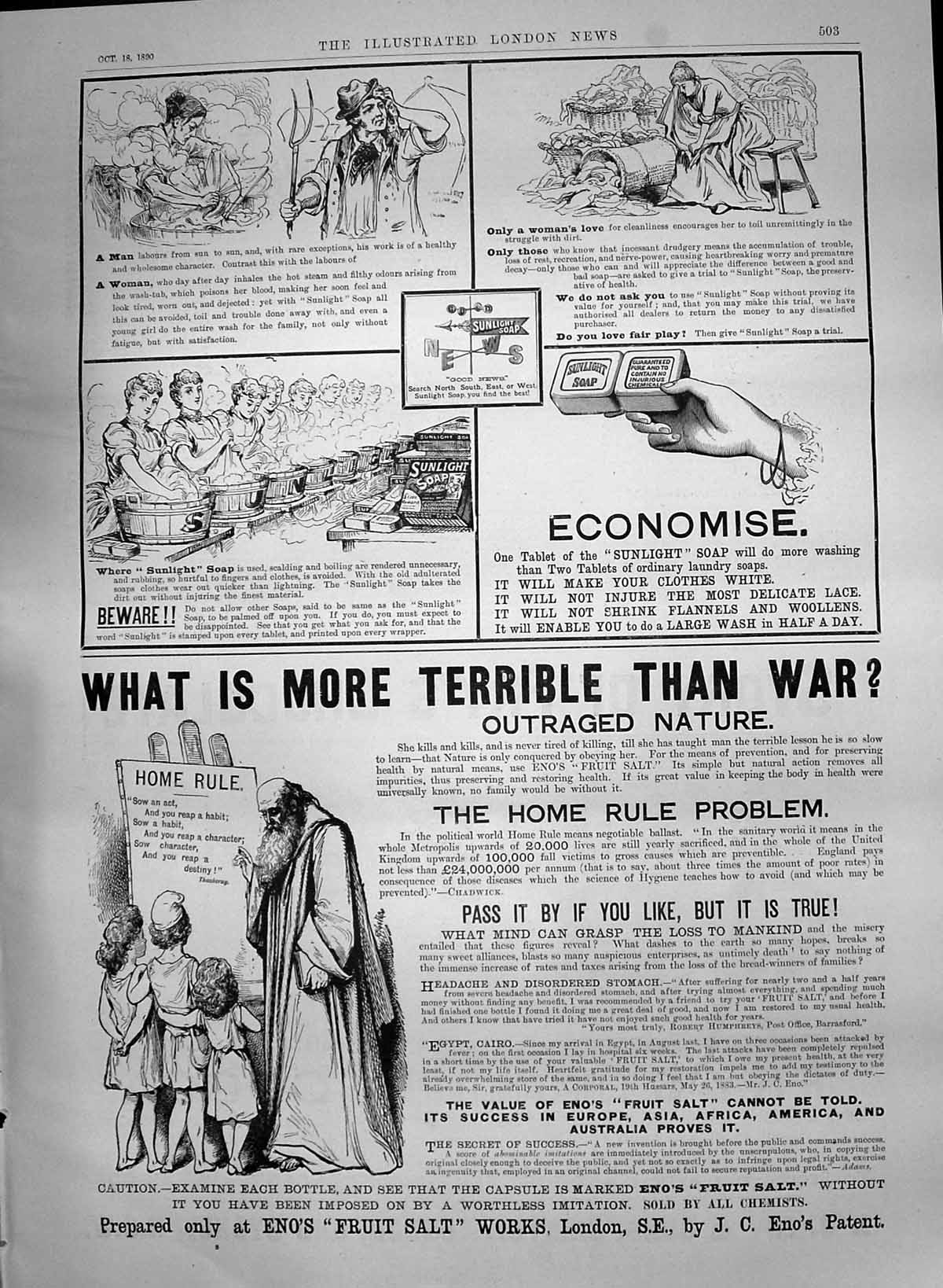 Antique Old Print 1890 Eno'S Fruit Salt Sunlight Soap Fry'S Chocolate London