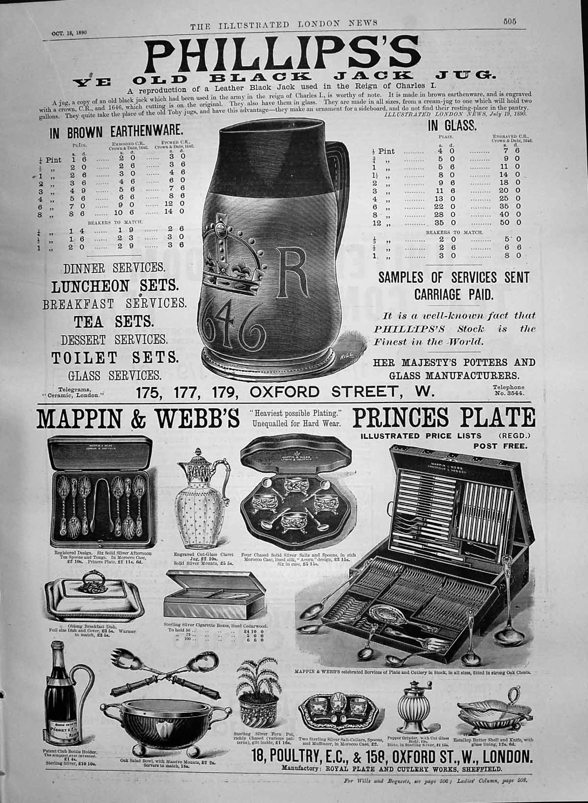 Old Print 1890 Advertisement Phillips'S Black Jack Jug Mappin Webb London 19th