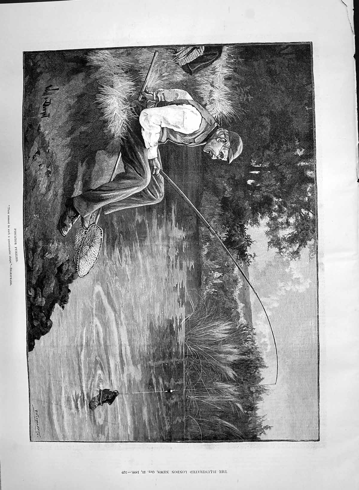 Old Print 1890 Piscator Puzzled Man River Bed Fishing Boot Rod Line Sport 19th