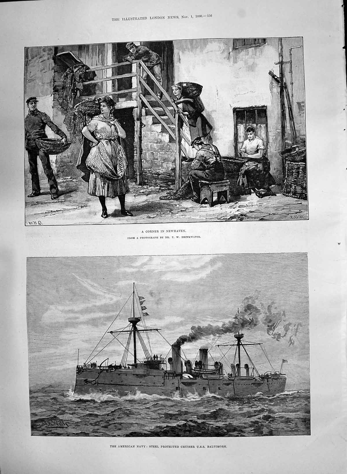 Antique Old Print 1890 American Navy Ship Cruiser Baltimore Scene Newhaven 19th