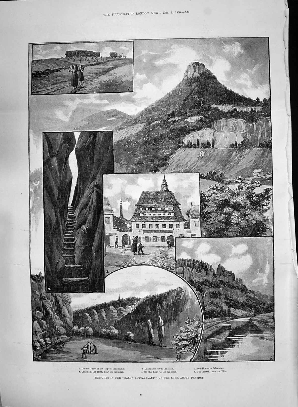 Old Print 1890 Saxon Switzerland Elbe Dresden Lilienstein Kuhstall Bastei 19th