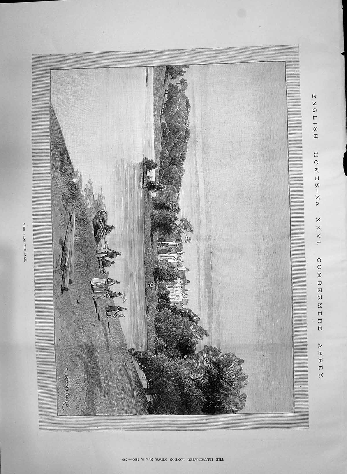 Antique Print 1890 Combermere Abbey England Mansion House Lake Architecture
