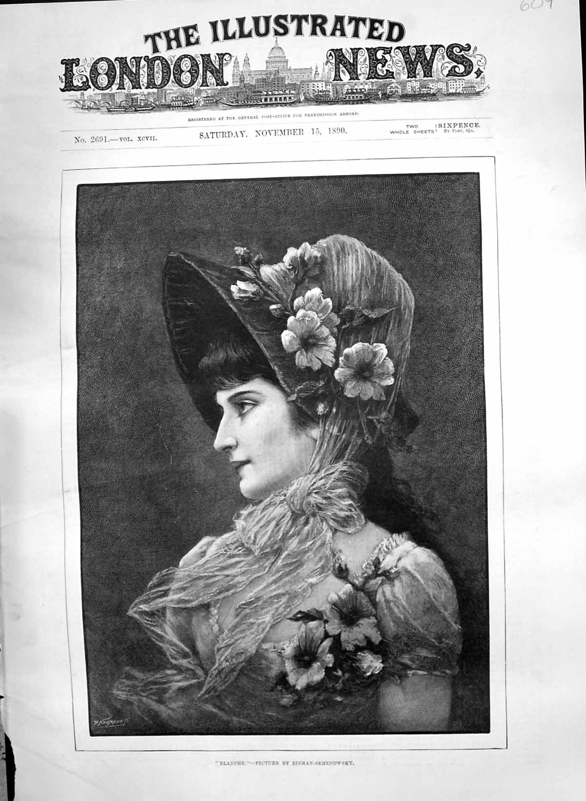 Old Antique Print 1890 Portrait Beautiful Women Blanche Eisman-Semenowsky 19th
