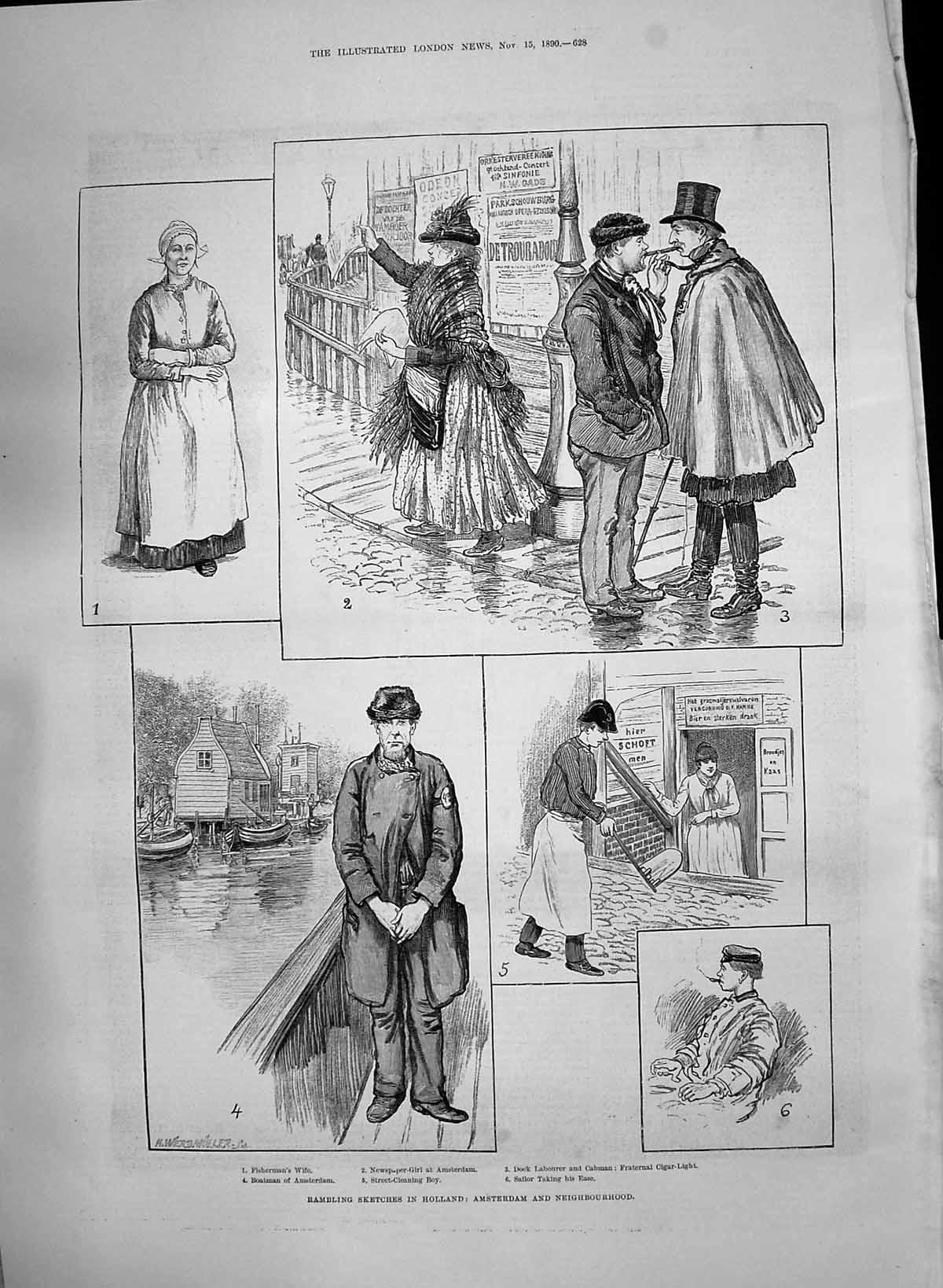 Old 1890 Holland Amsterdam Neighbourhood Boatman Sailor Newspaper-Gir Victorian