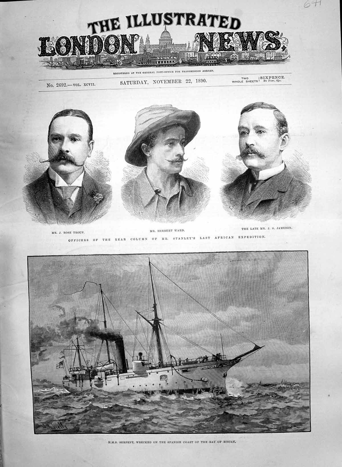 Old Print 1890 Ship Serpent Bay Biscay Troup Ward Jameson Stanley Africa 19th