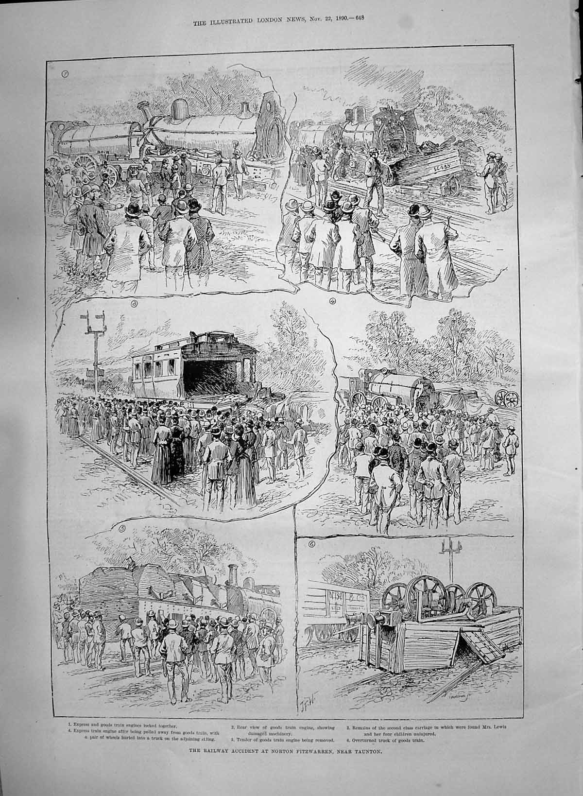 Antique Print 1890 Railway Accident Norton Fitzwarren Taunton Train Engines