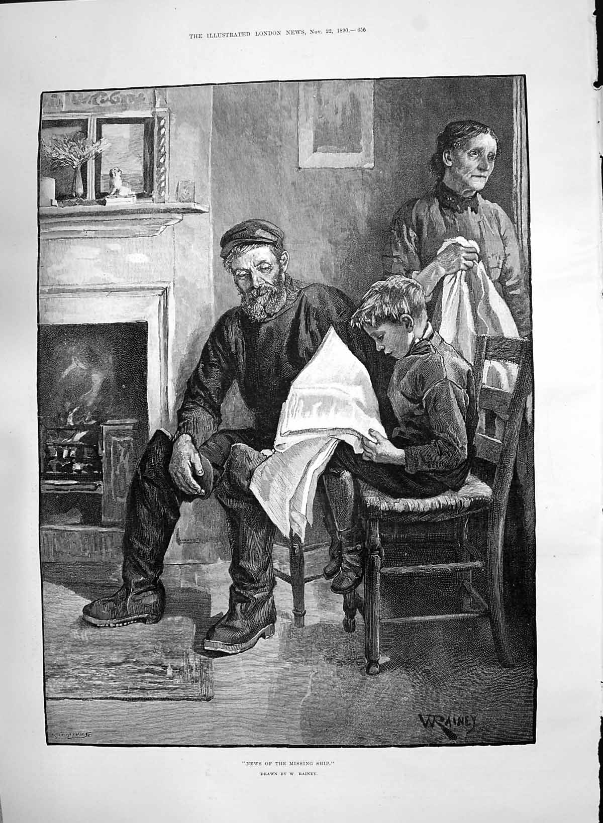 Old Antique Print 1890 Young Boy Reading News Missing Ship Sailor Rainey 19th