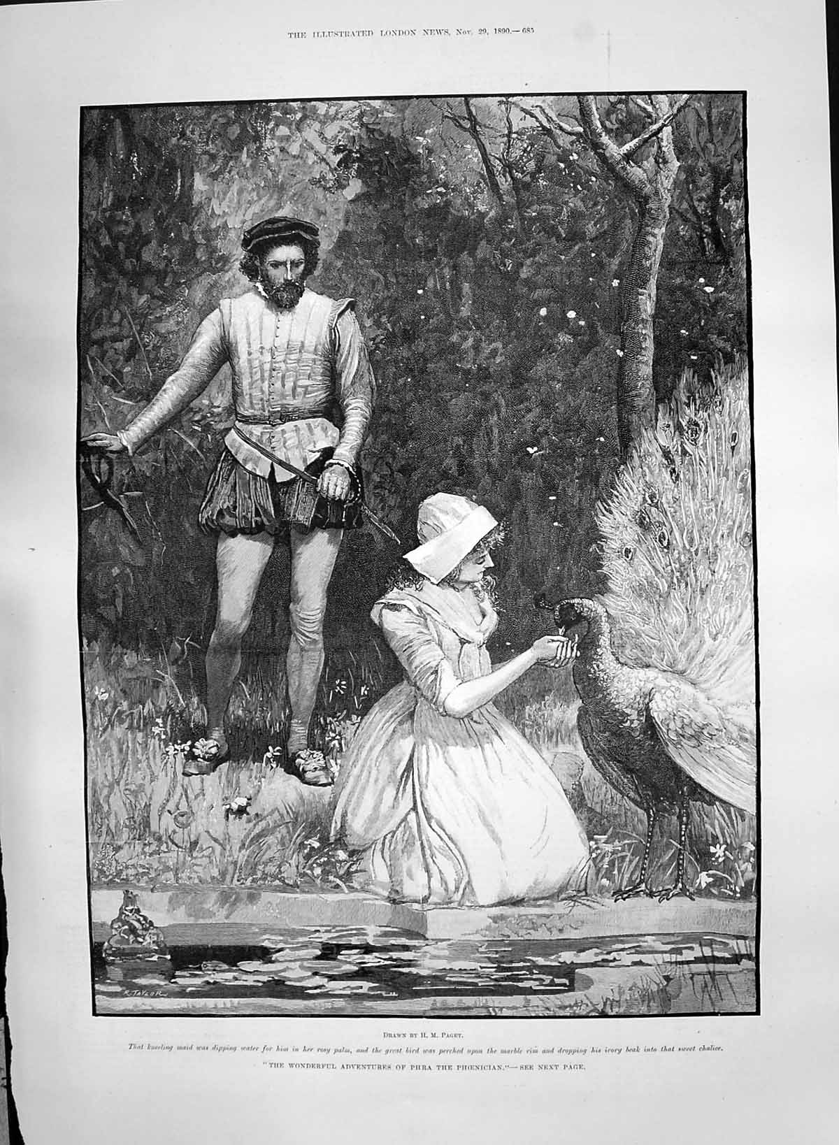 Antique Old Print 1890 Adventures Phra Lady Peacock Man Romance River Paget