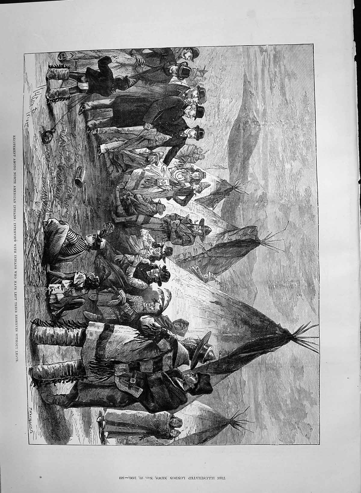 Original Old Antique Print 1890 North American Indians Camp Melton Prior 19th